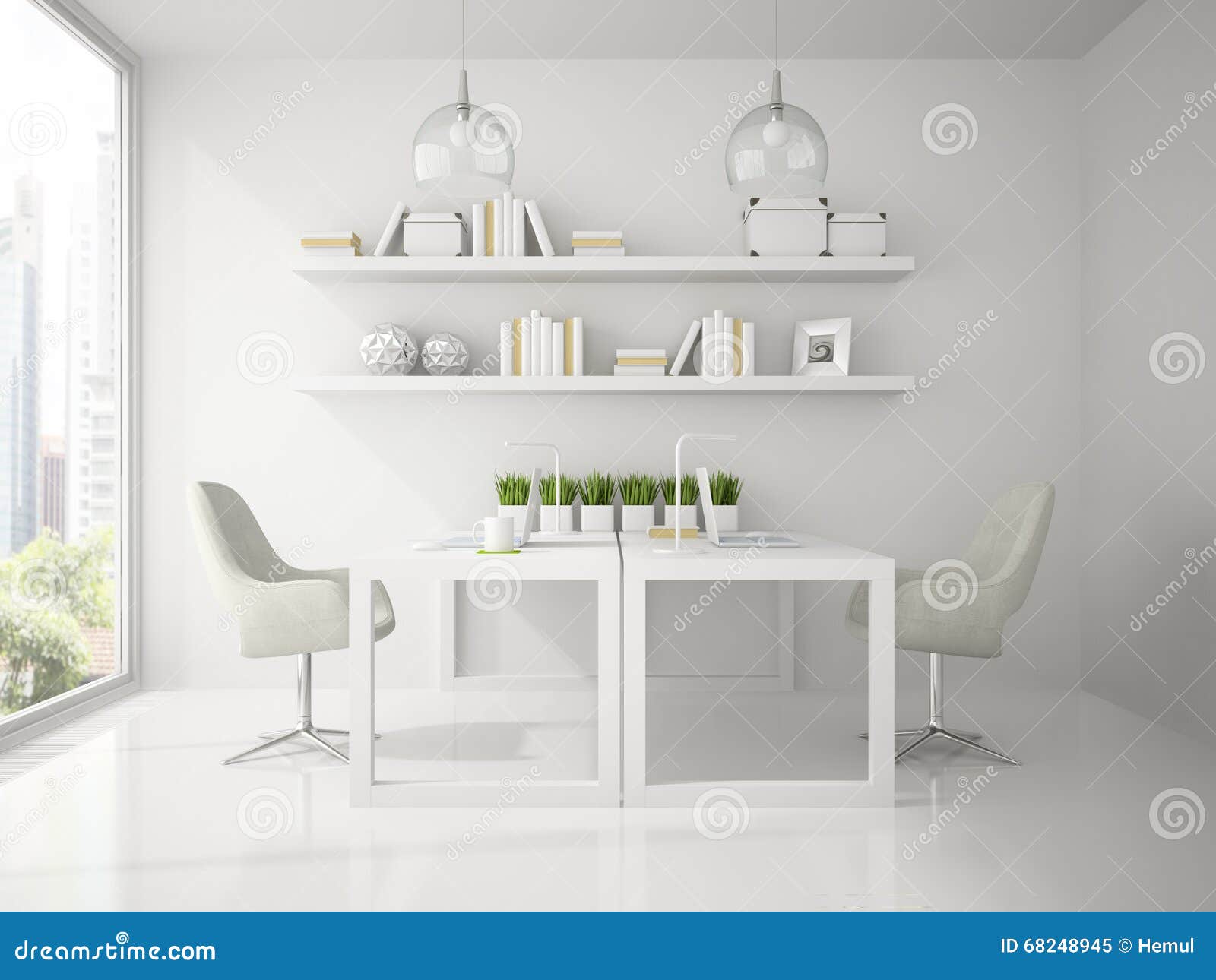 Interior of Modern Design Office White Color 3D Rendering Stock