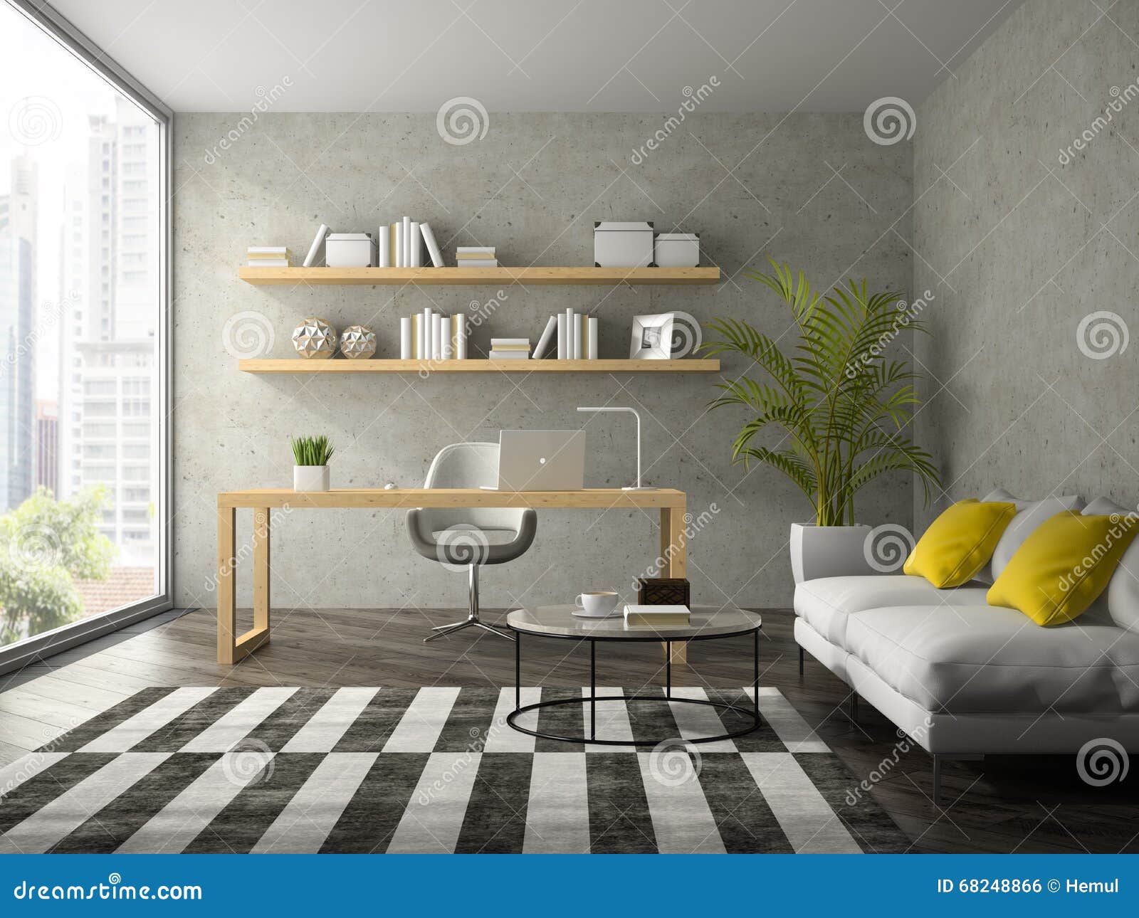 Interior of Modern Design Office with White Sofa 3D Rendering Stock