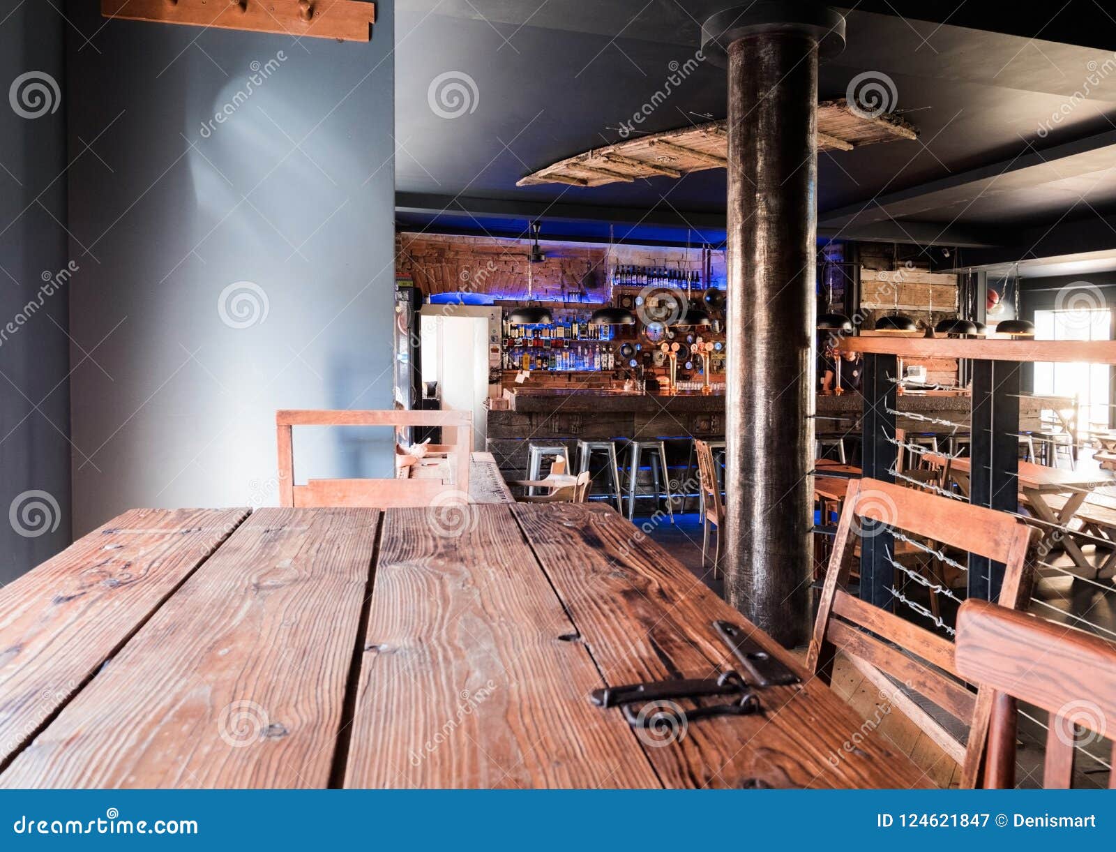 Interior Of Modern European Beer Bar Pub With Old Vintage Wooden