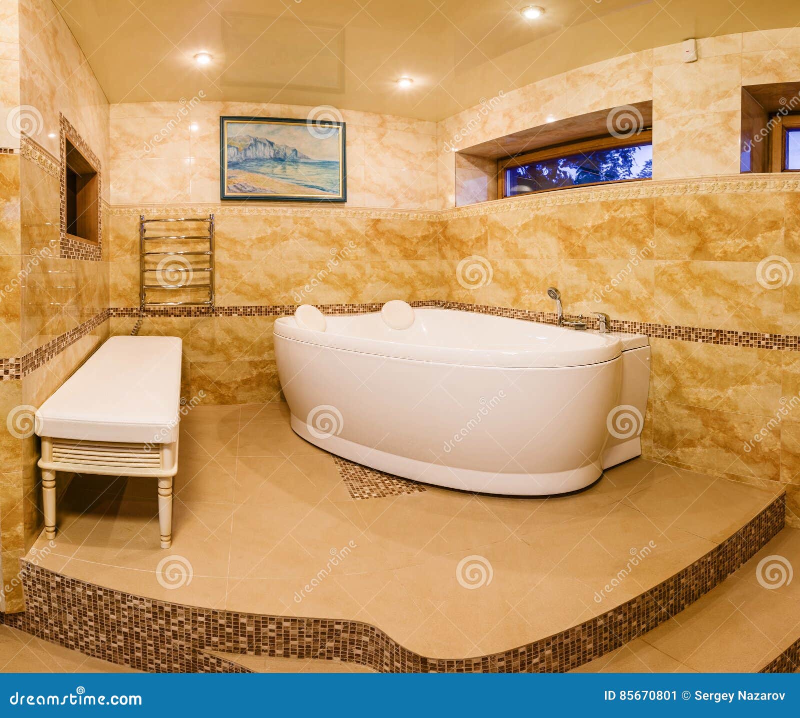 Interior Modern House, Bathroom with Marble Tiles and Jacuzzi Stock
