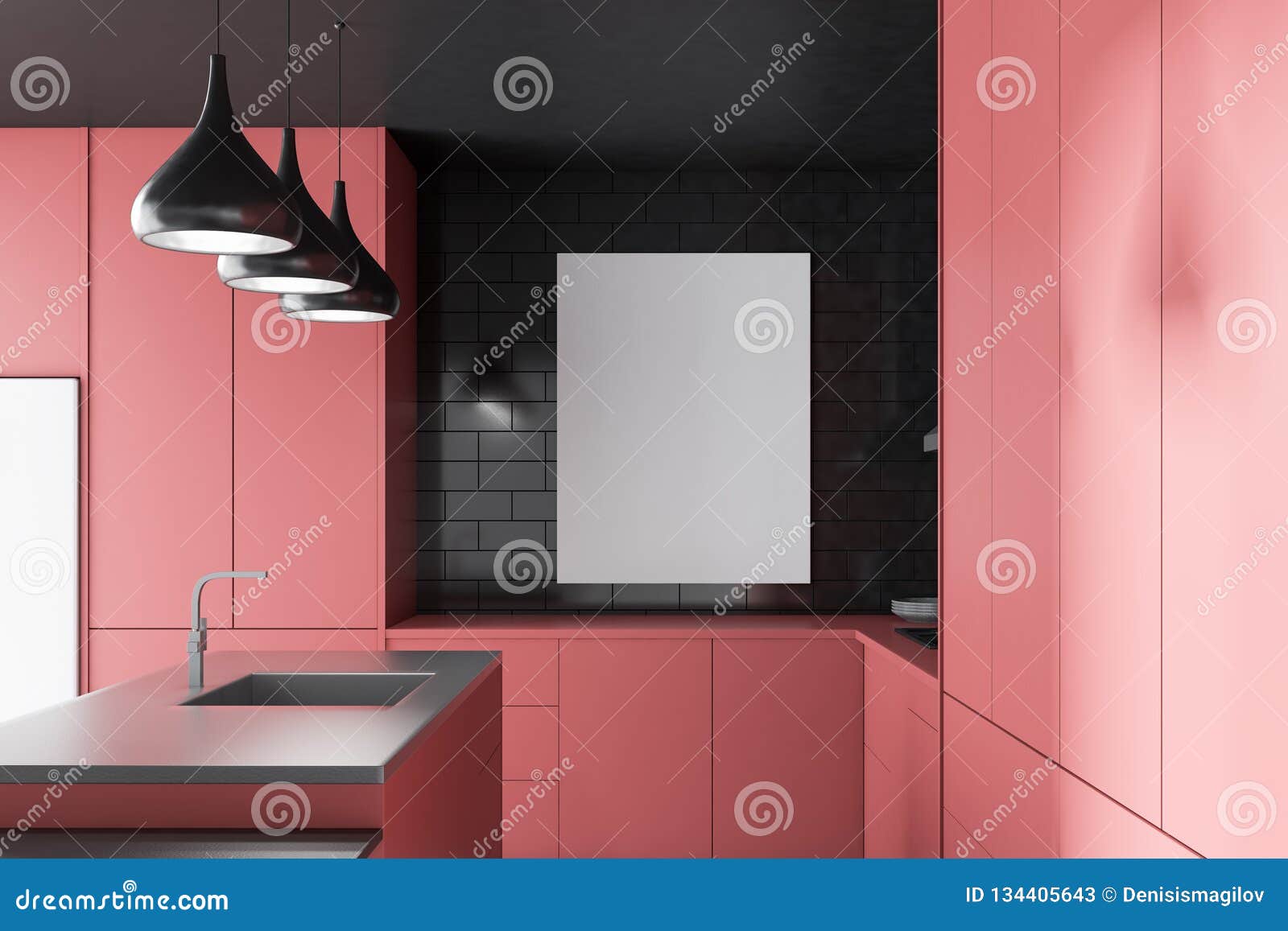 Pink Countertop Kitchen With Poster Stock Illustration