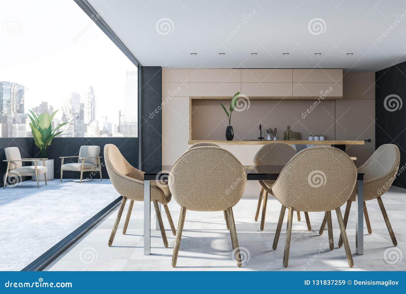 Beige Kitchen And Dining Room Interior Table Stock Illustration
