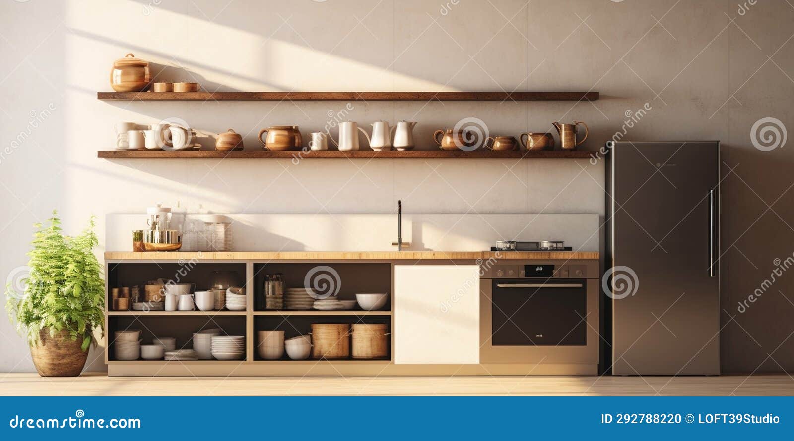 Interior of Modern Kitchen with Shelves2 1 Stock Illustration