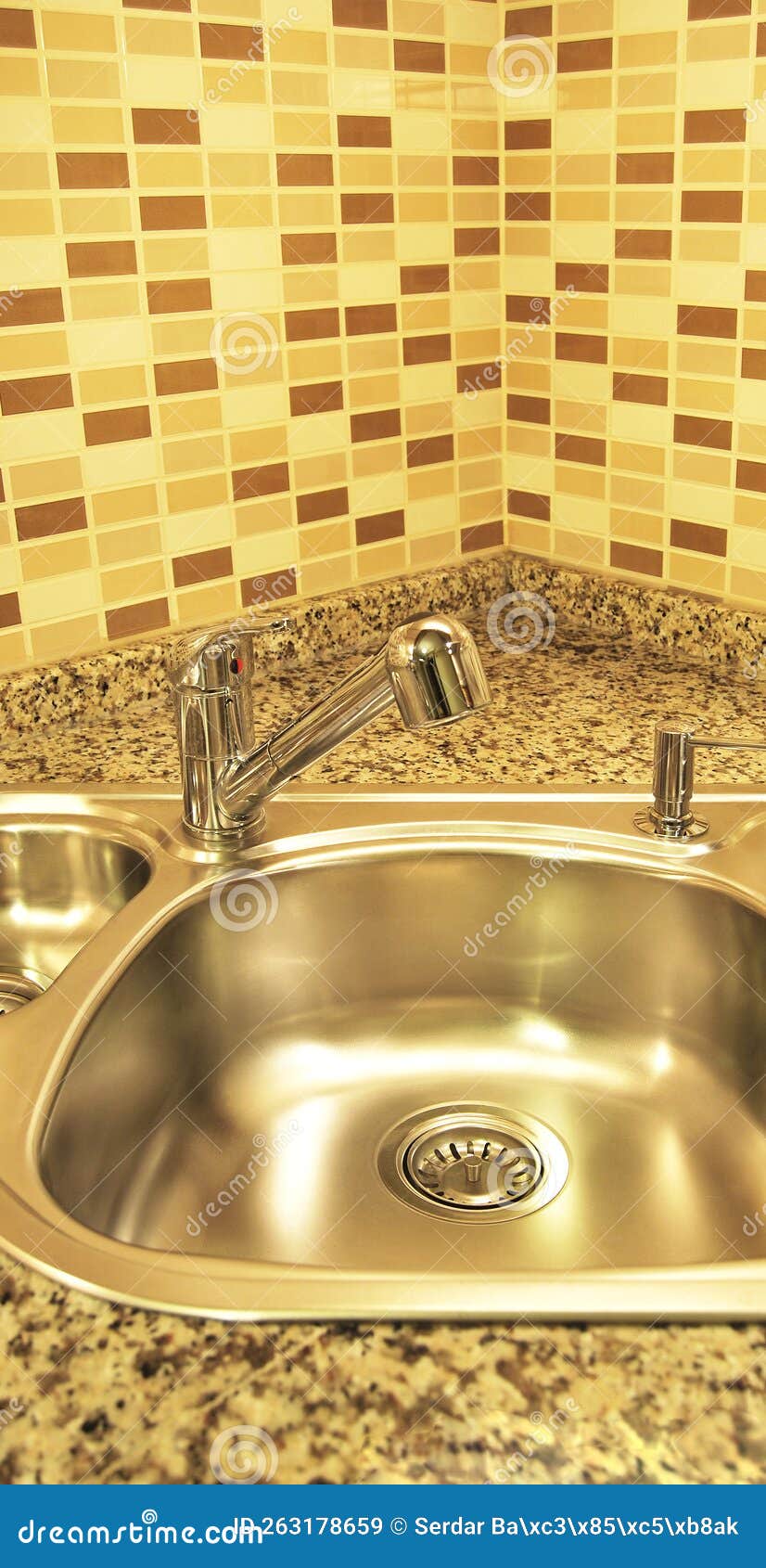 Interior of Modern Kitchen and Stainless Steel Sink, Tap and Drain