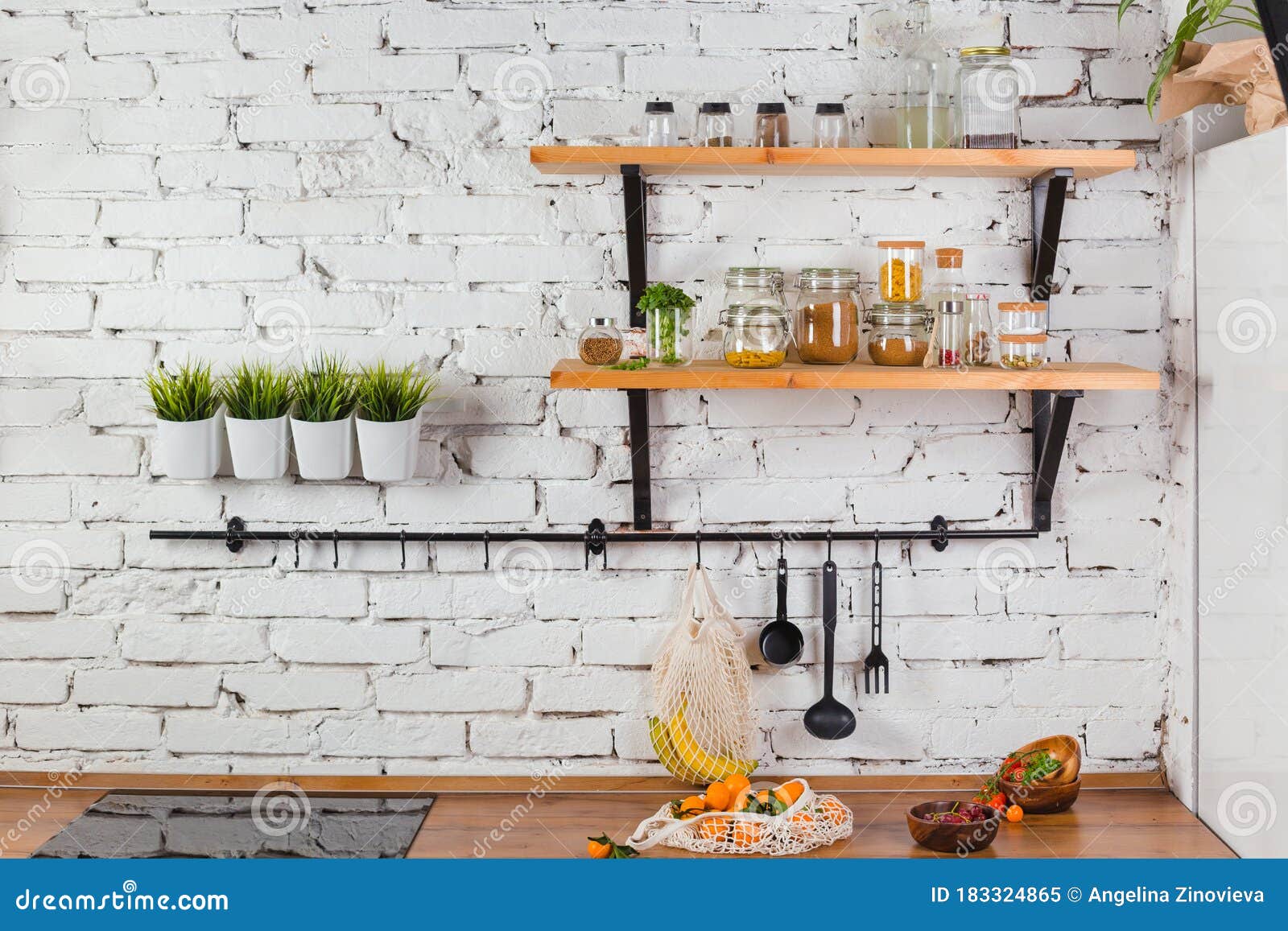 Interior Of Modern Kitchen White Brick Wall Zero Waste Concept Glass Jars Mesh Reuse Bag Stock Image Image Of Furnished Integrated 183324865