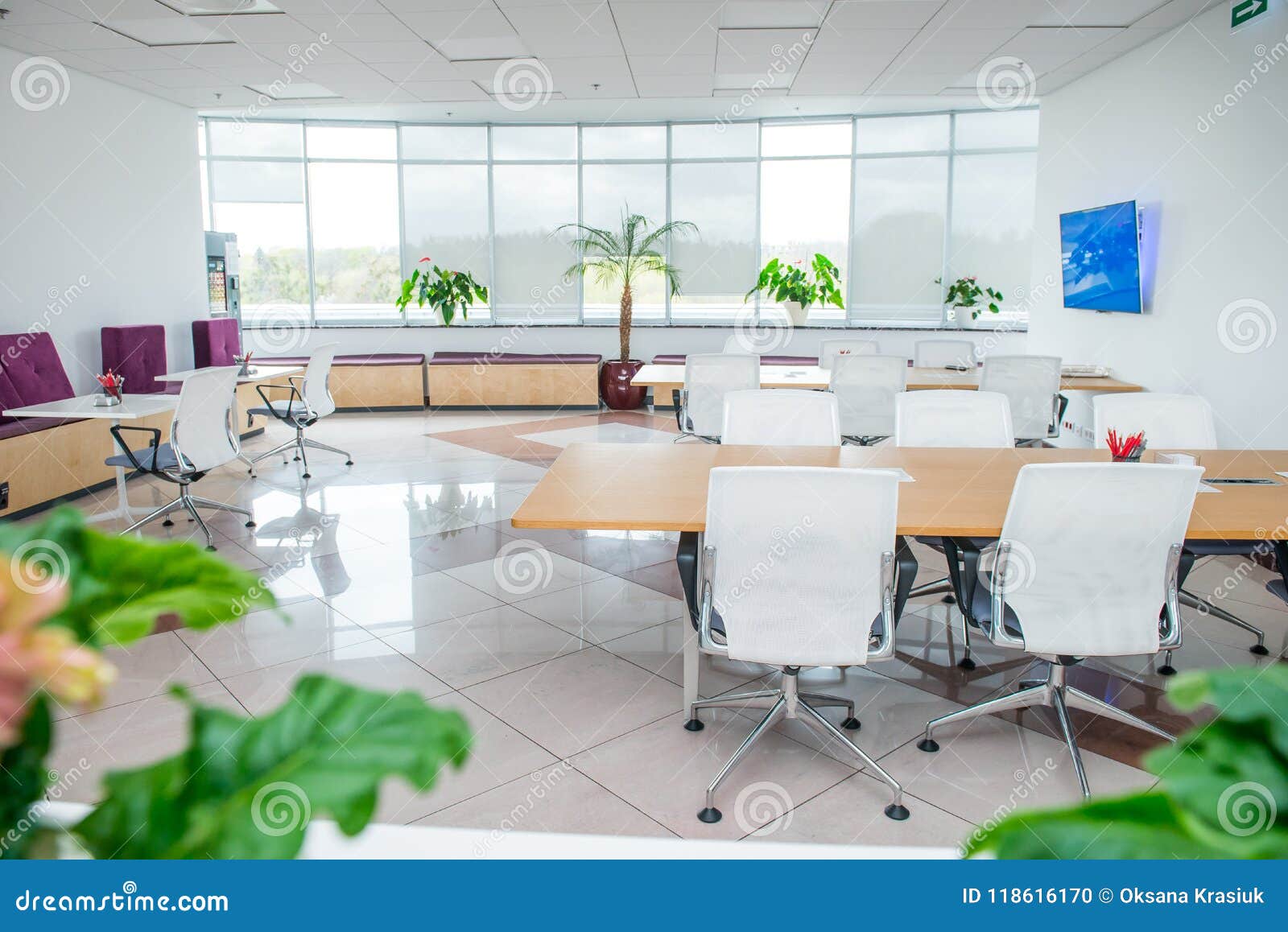 Interior Of Modern Light Empty Open Space Office With Big Windows Table Desks Chairs And Green Plants Coworking Workplace Conce Stock Photo Image Of Hall Business