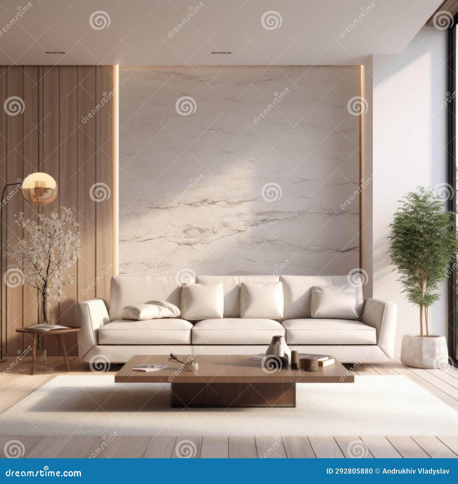 Interior of Modern Living Room with Beige Sofa and Big Mock Up Poster