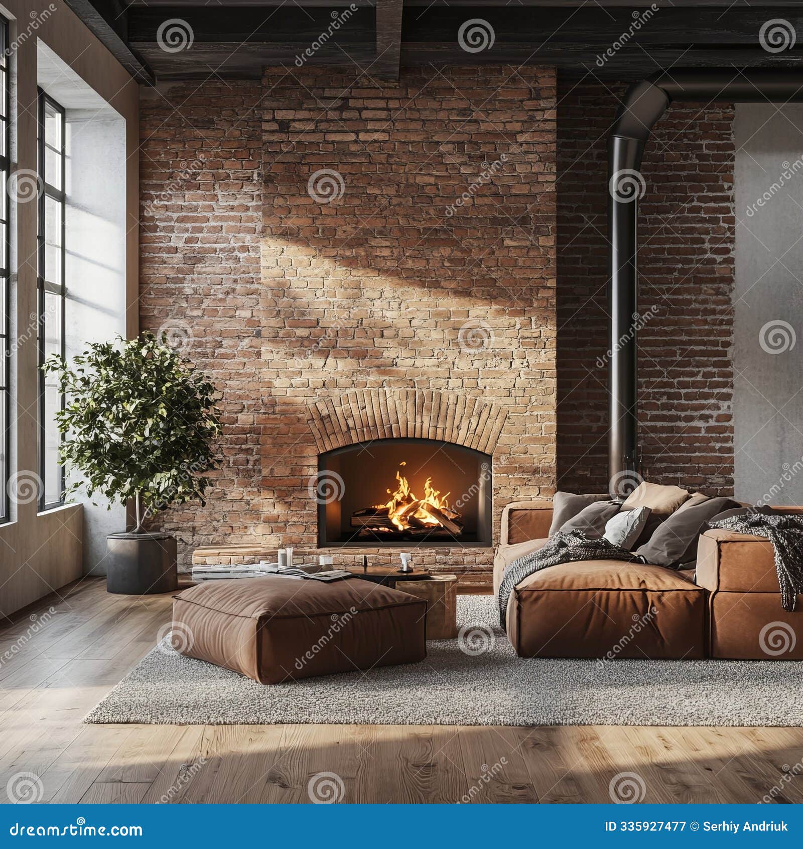Interior of Modern Living Room with Brick Wall and Fireplace, 3d Render Stock Illustration ...