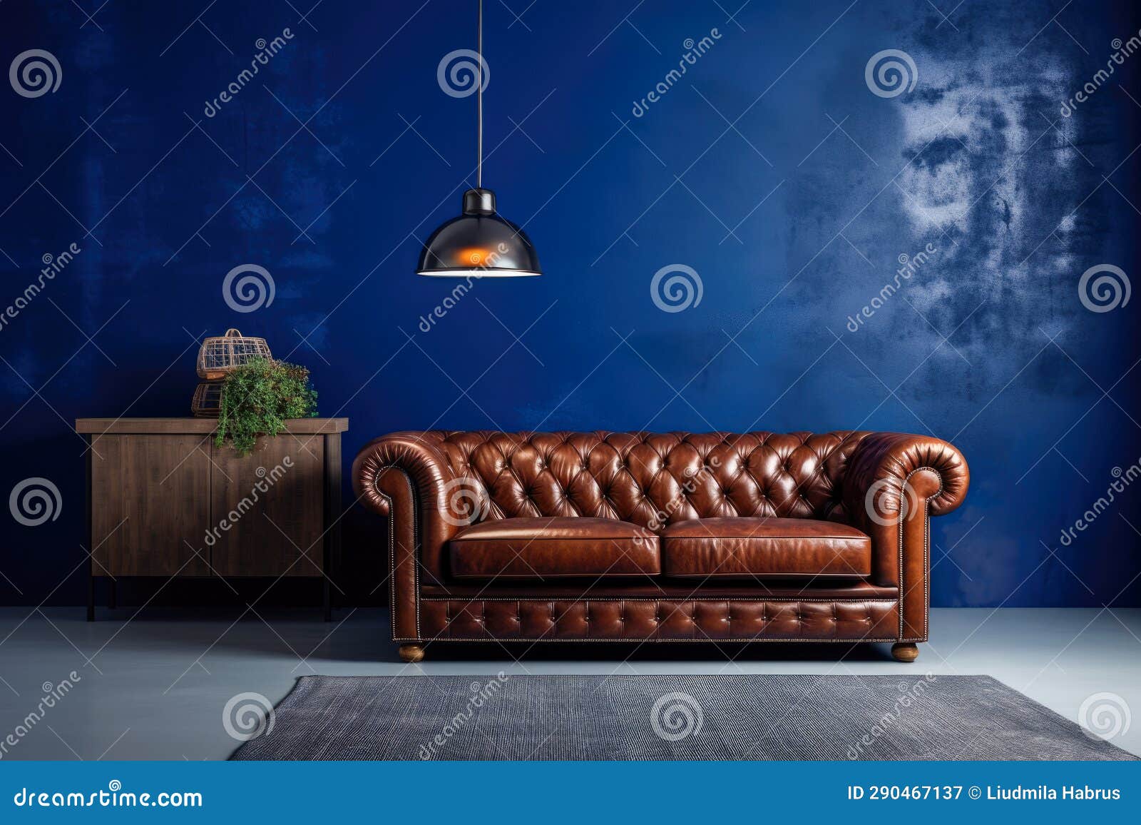 Interior of Modern Living Room with Brown Leather Sofa and Blue Wall