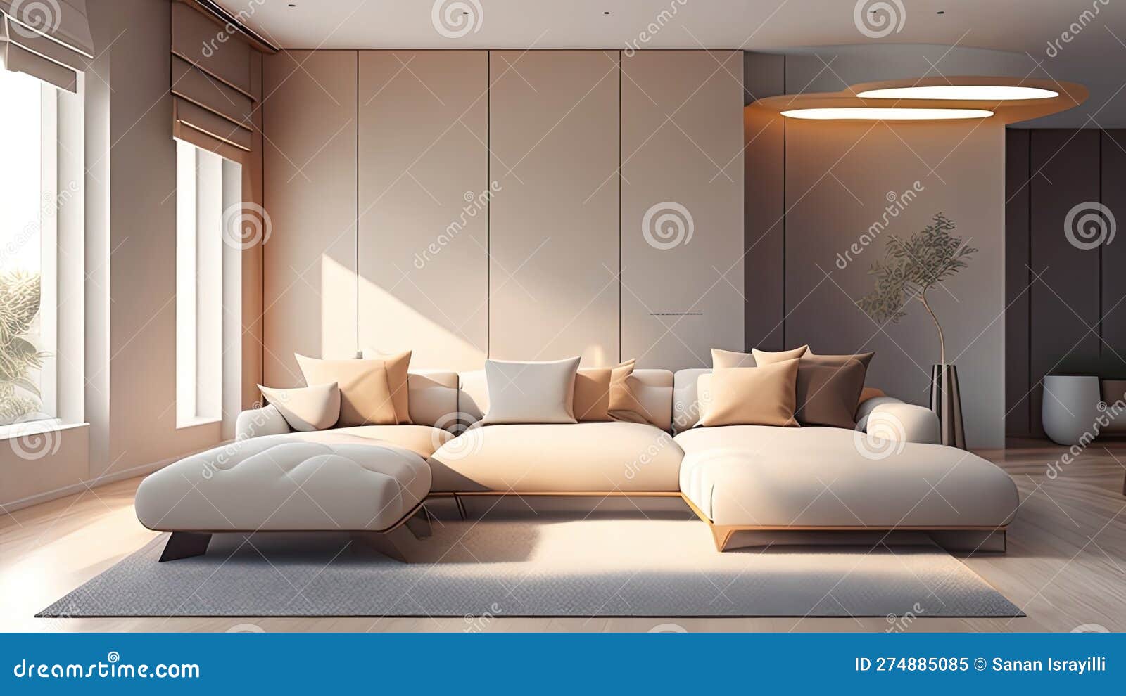 Interior of Modern Living Room with Brown Sofa 3D Rendering Image Stock