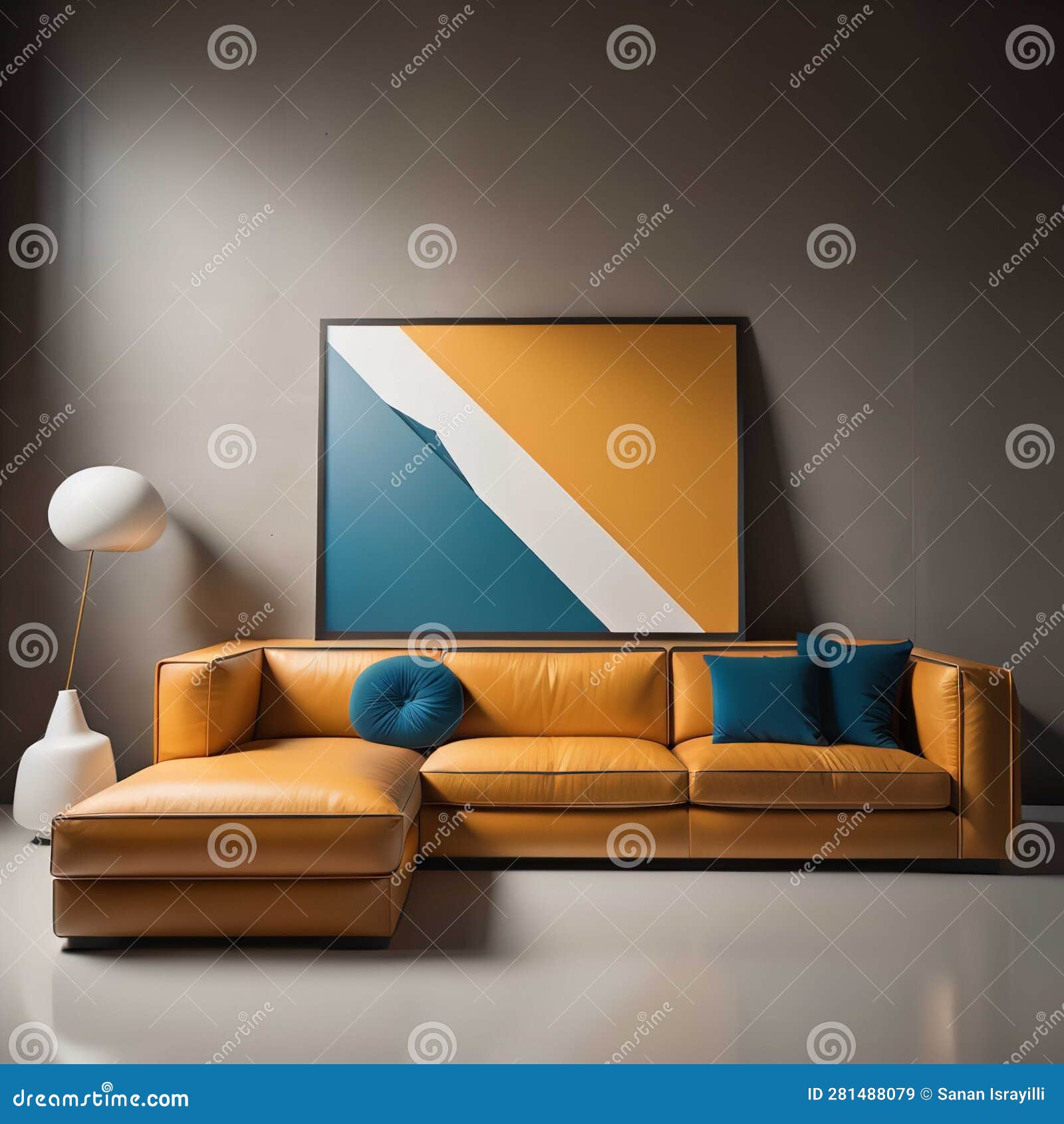 Interior of Modern Living Room with Brown Sofa and Orange Wall. Generative Ai Stock Illustration