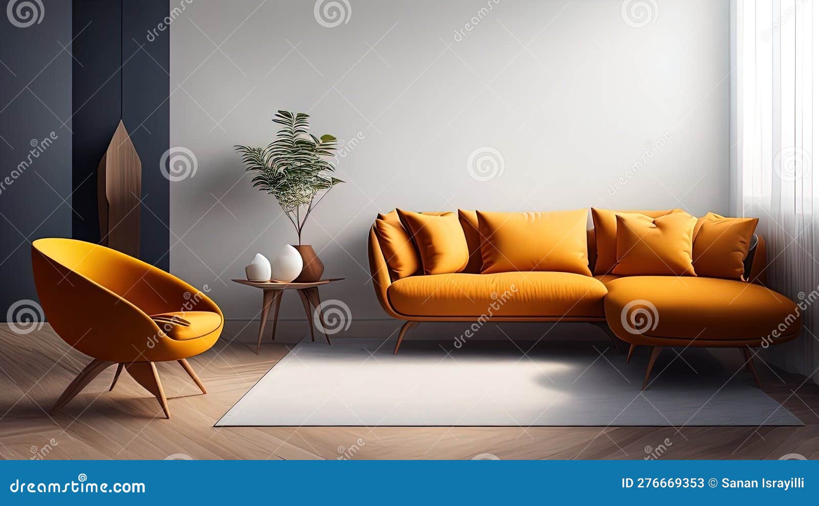 Interior of Modern Living Room with Orange Sofa. Ai Generated Stock