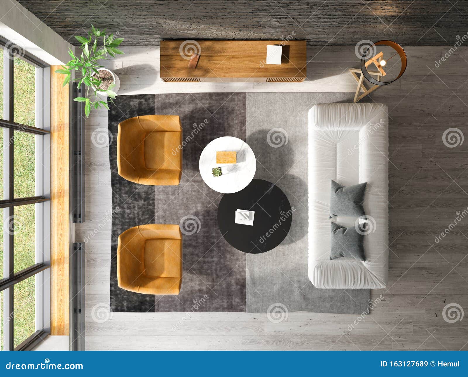 Interior of Modern Living Room Top View 3D Rendering Stock Illustration