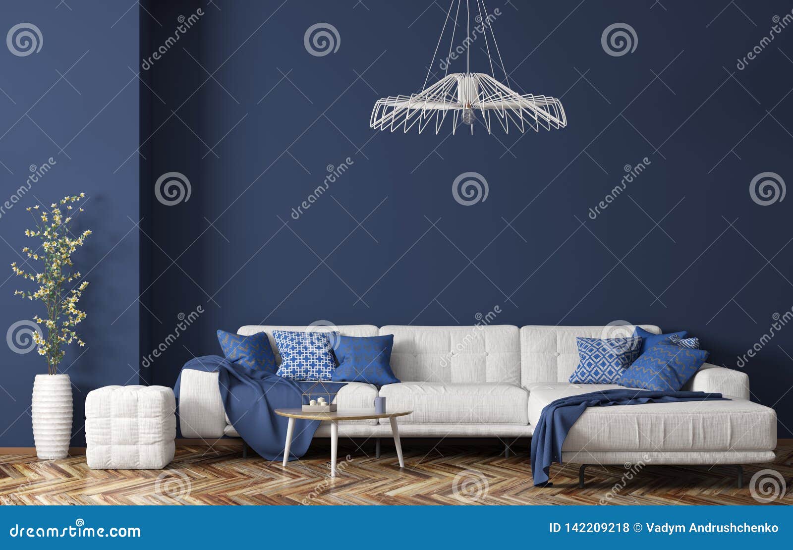 Interior Of Modern Living Room With White Fabric Sofa Over Blue Wall 3d Rendering Stock Illustration Illustration Of Lamp Furniture 142209218