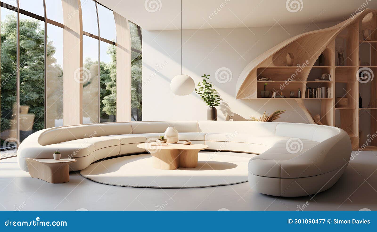 Interior of Modern Living Room with White Sofa and Bookcase Stock