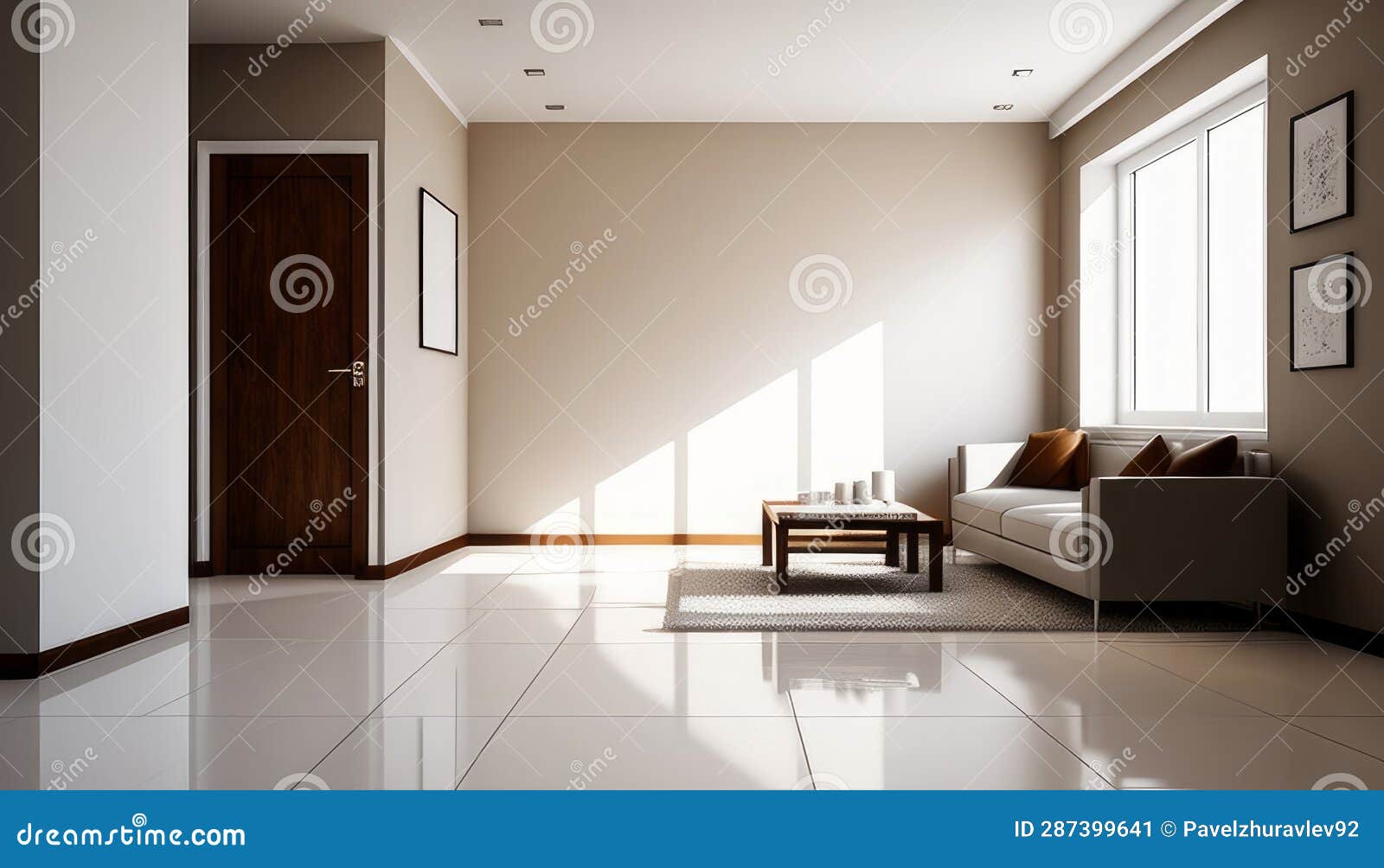 Interior of Modern Living Room with White Walls, Tiled Floor, White