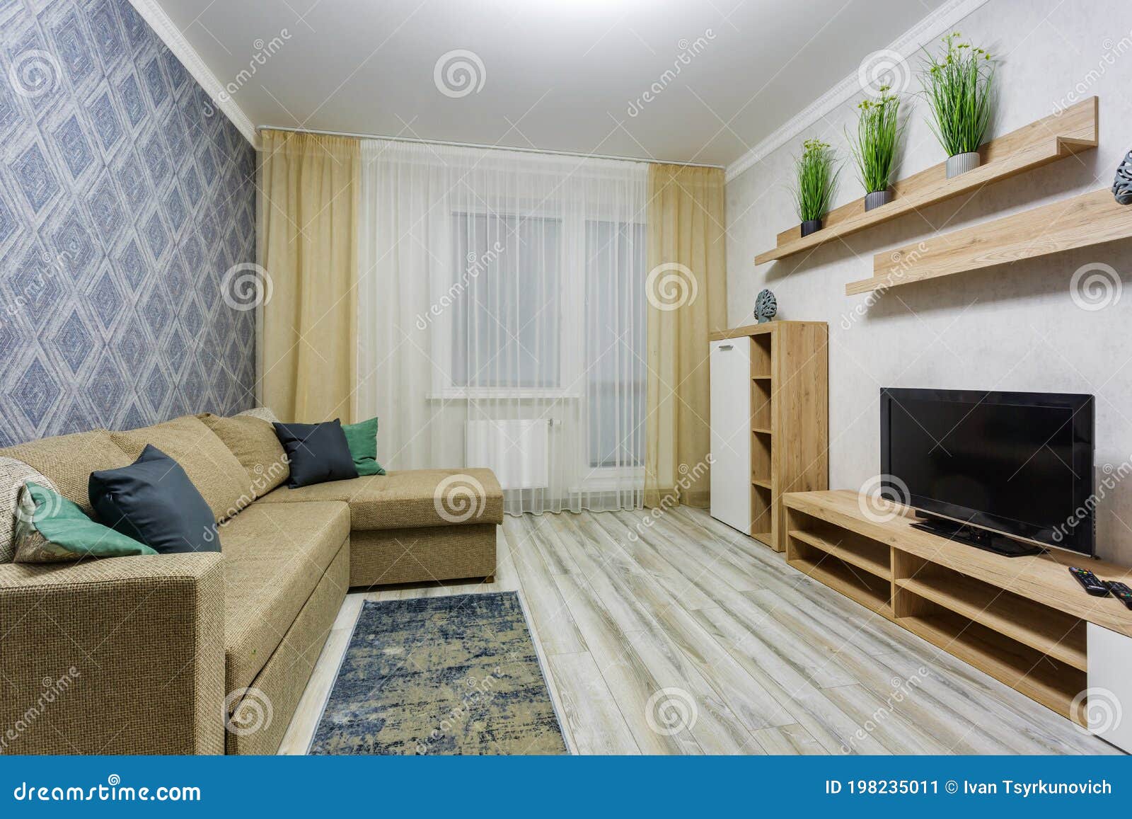 Interior of Modern Luxure Guest Room in Studio Apartments in Minimalistic  Style with Sofa and Tv Stock Image - Image of curtains, condo: 198235011