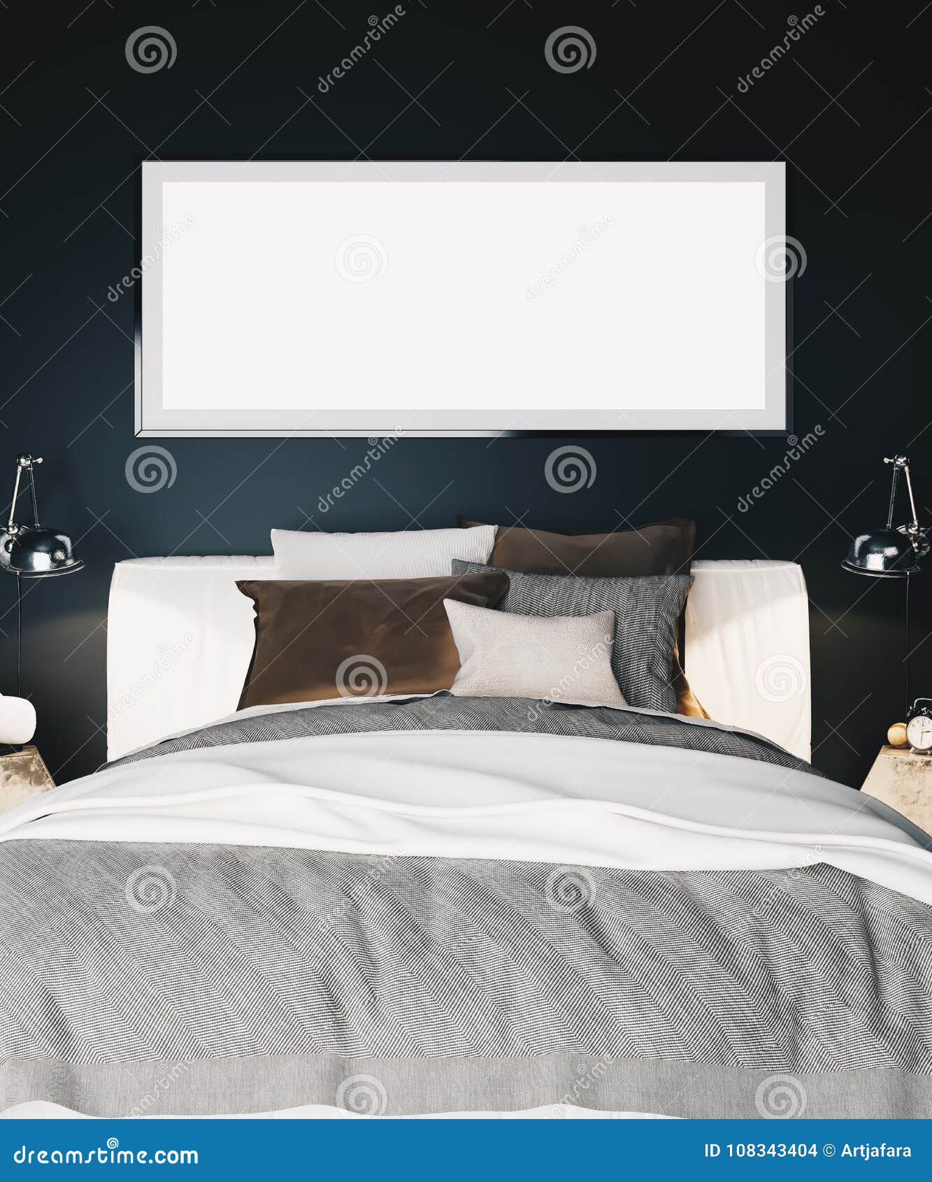 Interior Of A Modern Luxury Bedroom With Black Walls Bed