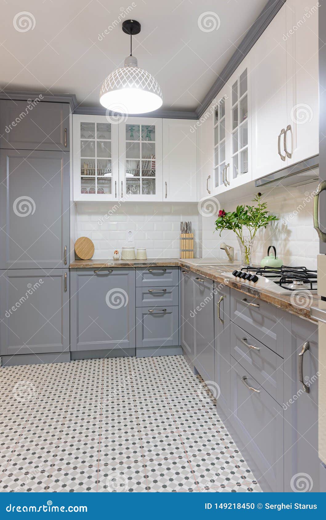 Modern Grey and White Wooden Kitchen Interior Stock Photo Image of appliance, indoors 149218450