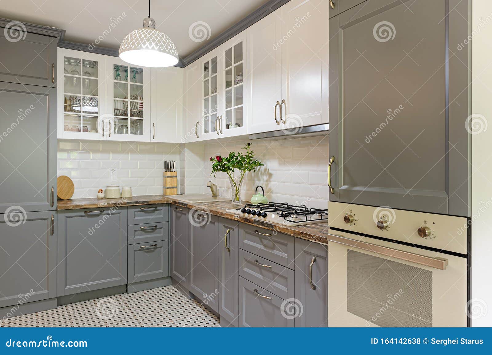 Modern Grey and White Wooden Kitchen Interior Stock Photo Image of luxury, locker 164142638