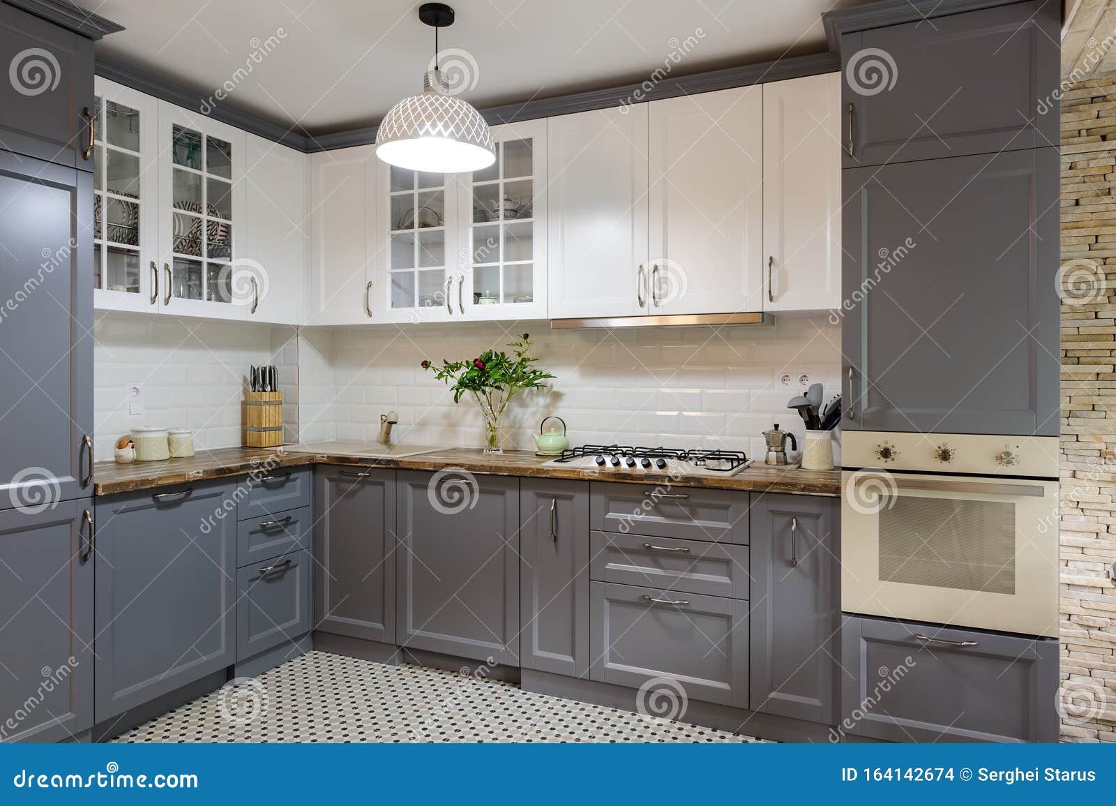 Modern Grey and White Wooden Kitchen Interior Stock Photo - Image of decor, bunch: 164142674