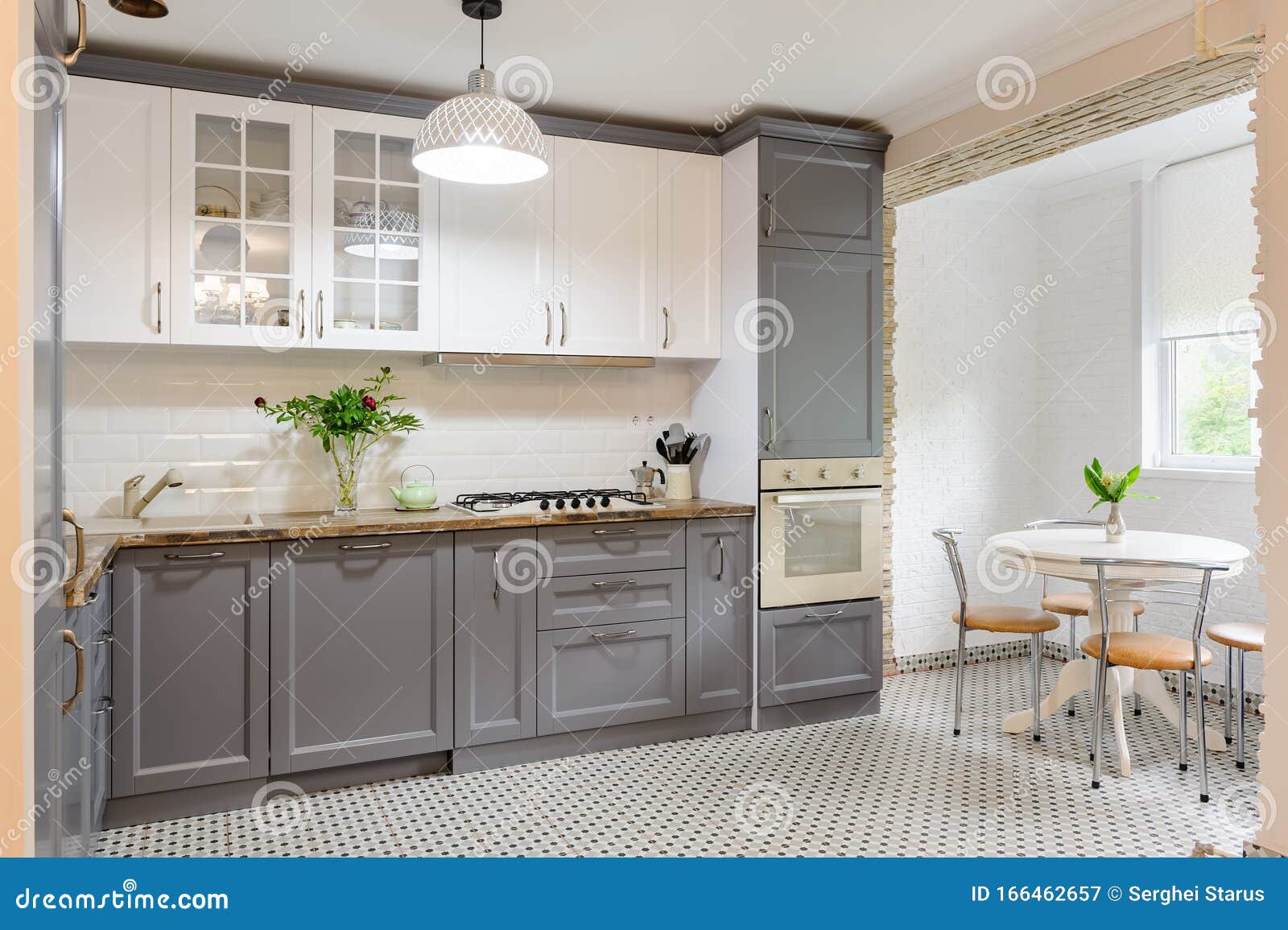 Modern Grey and White Wooden Kitchen Interior Stock Image Image of gray, kitchen 166462657