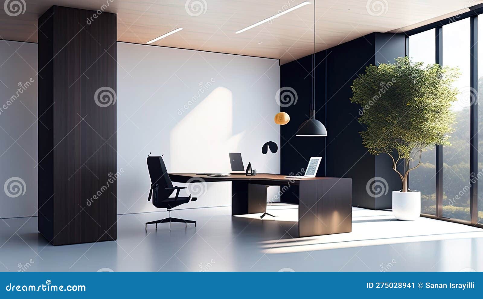 Interior of Modern Office with Black and White Walls, Concrete Floor