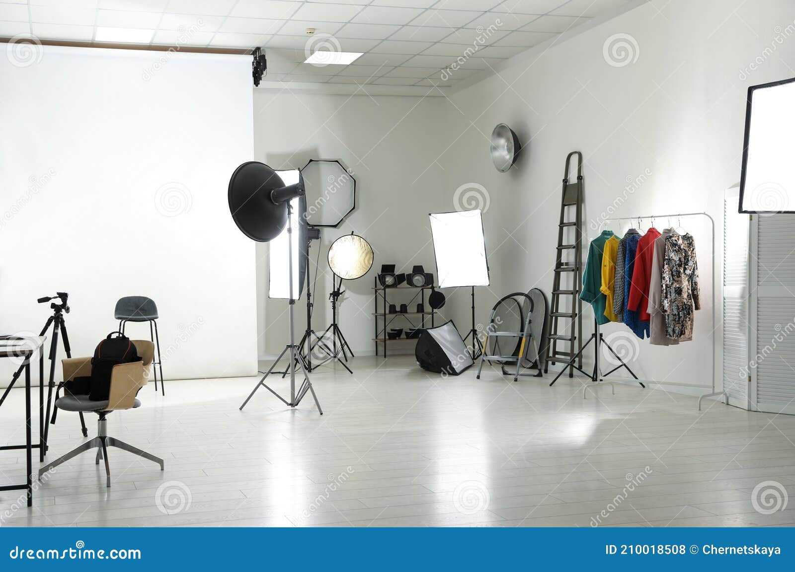Interior of Modern Photo Studio with Professional Equipment Stock Photo