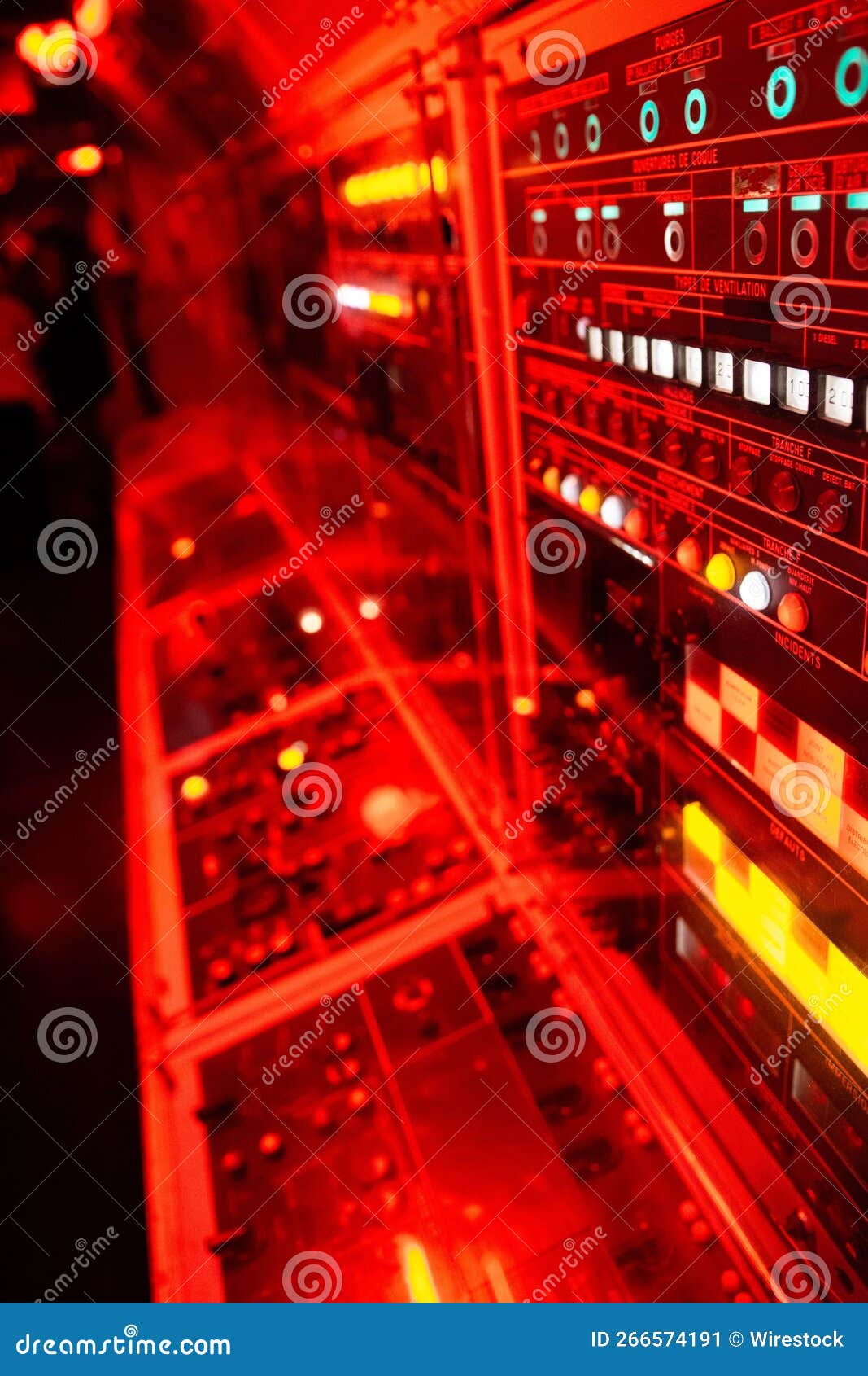 Interior of a Modern Railway Control Room with Red Electronic Lights