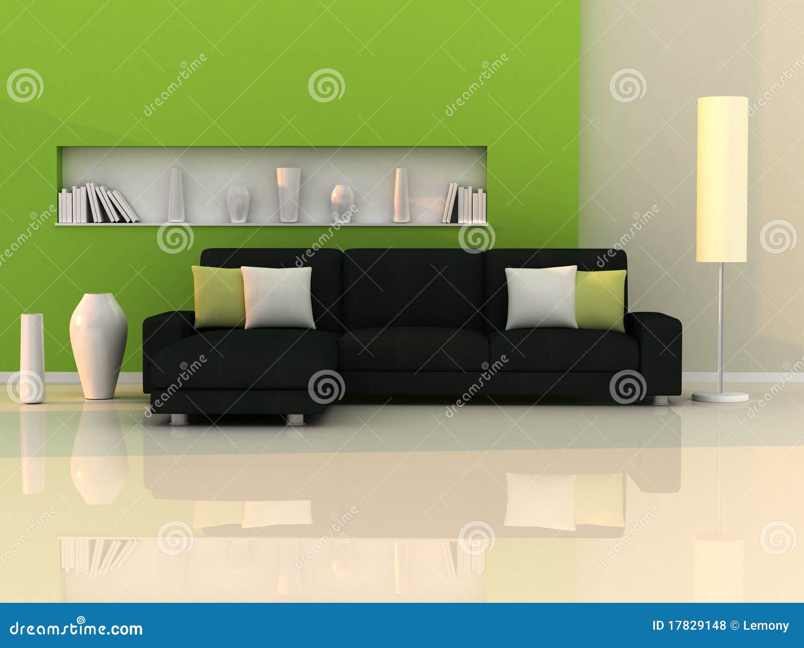 Interior of the Modern Room,green Wall,black Sofa Stock Illustration