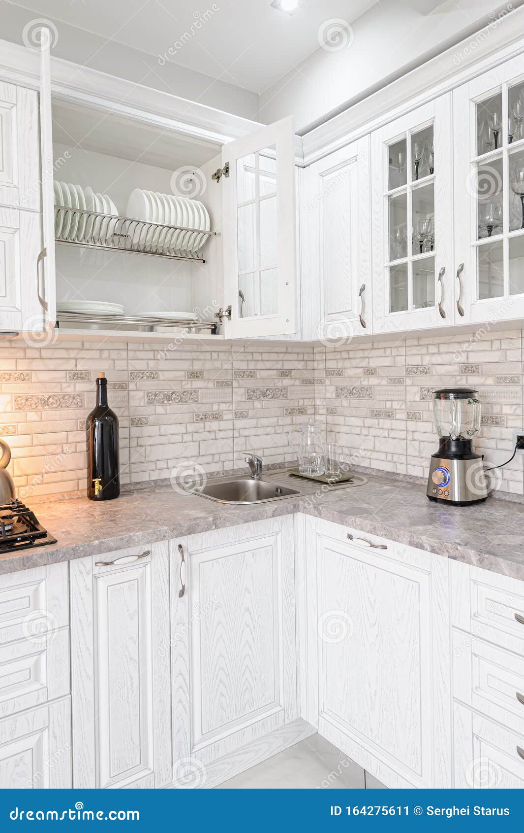 Modern White Wooden Kitchen Interior Stock Image Image of bottle