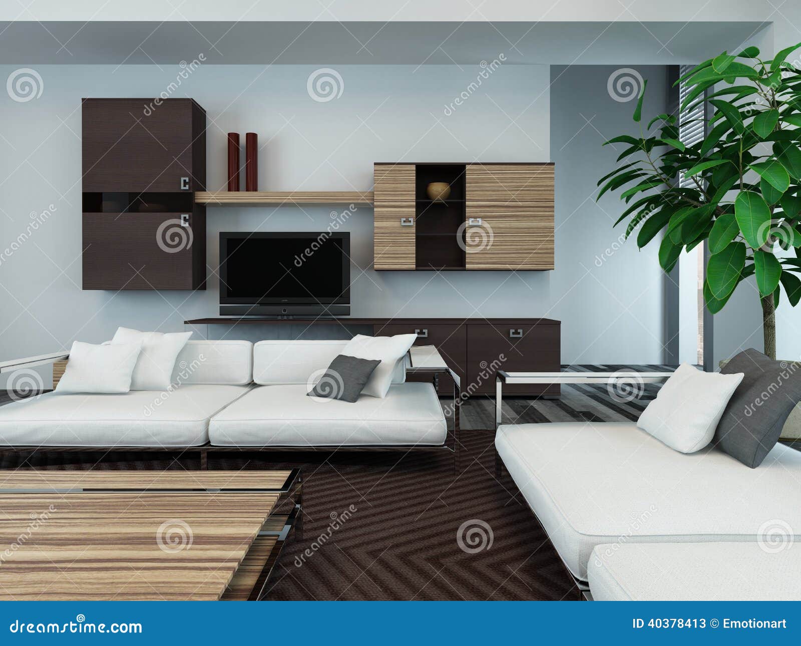 Interior Moderno De La Sala De Estar Con Los Gabinetes De Madera Imagen