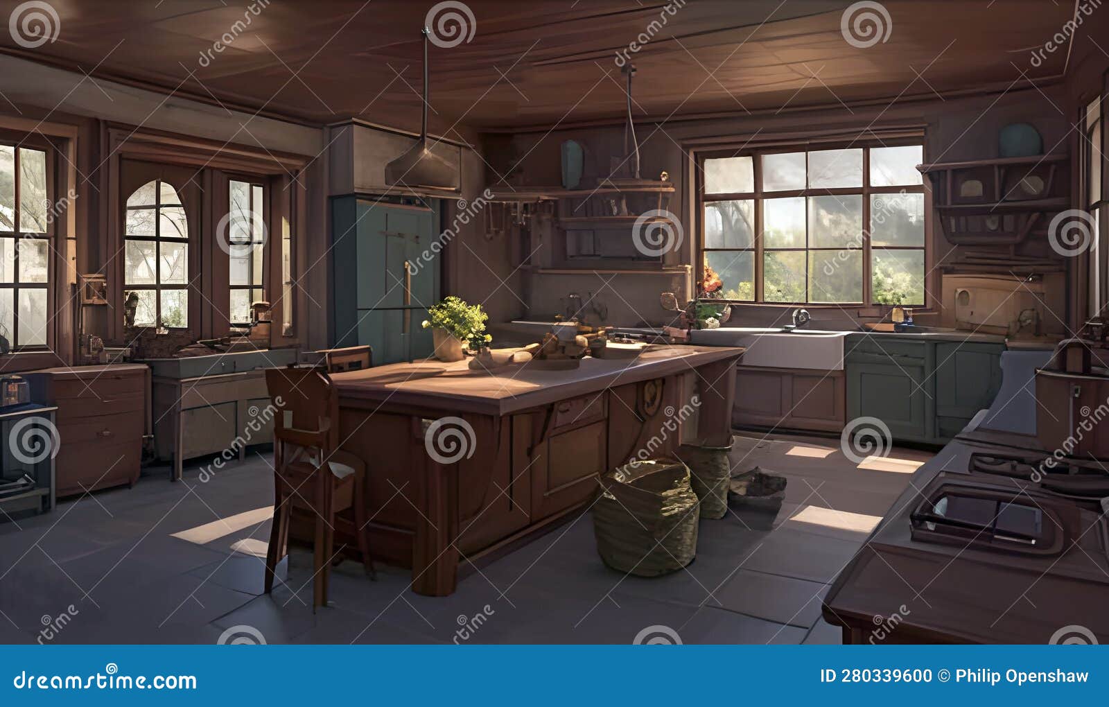 The Interior of an Old Fashioned Rural Kitchen with a Wooden Ceiling