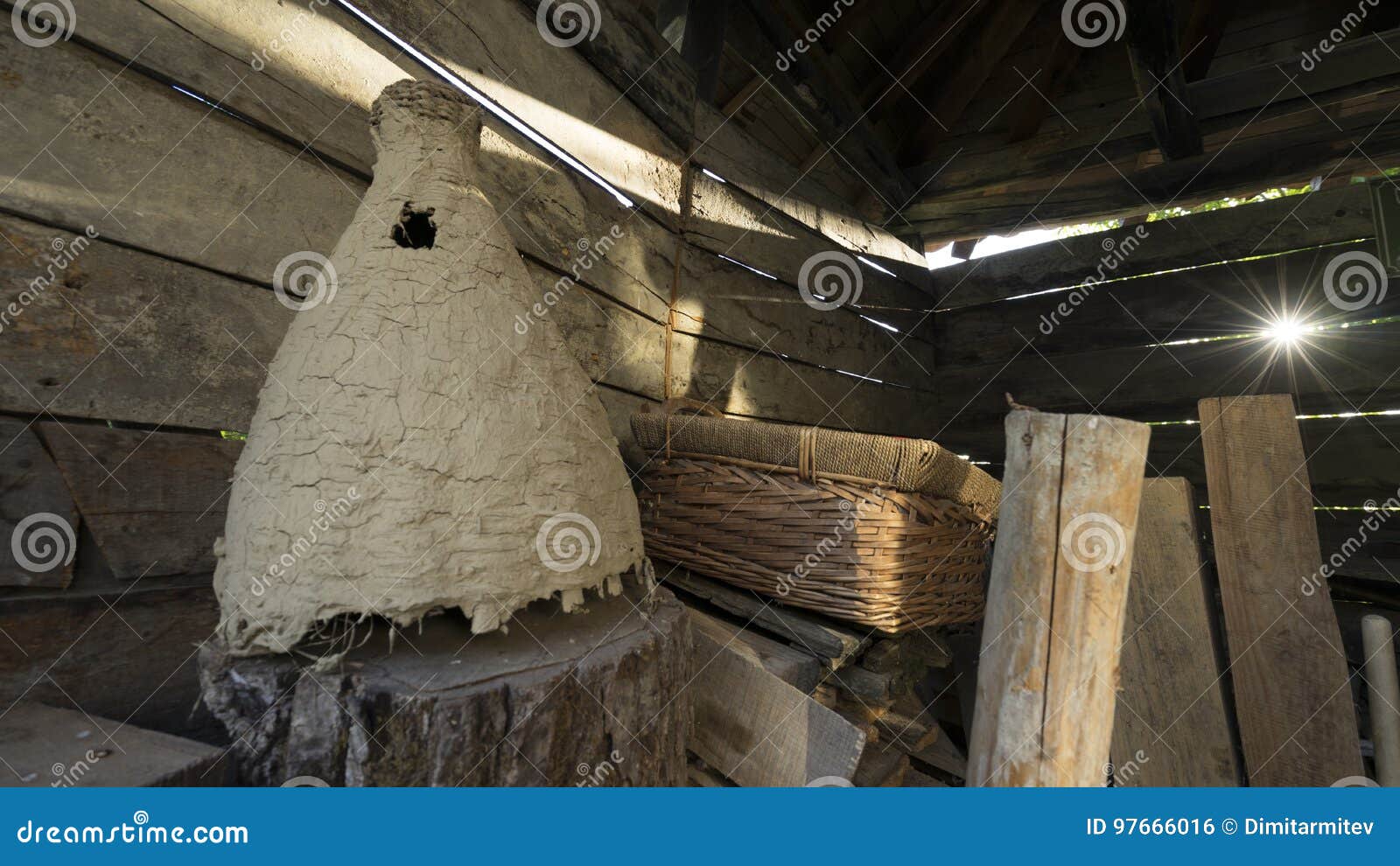 Interior Of An Old Rustic Wooden Barn With A Hive Of Wild