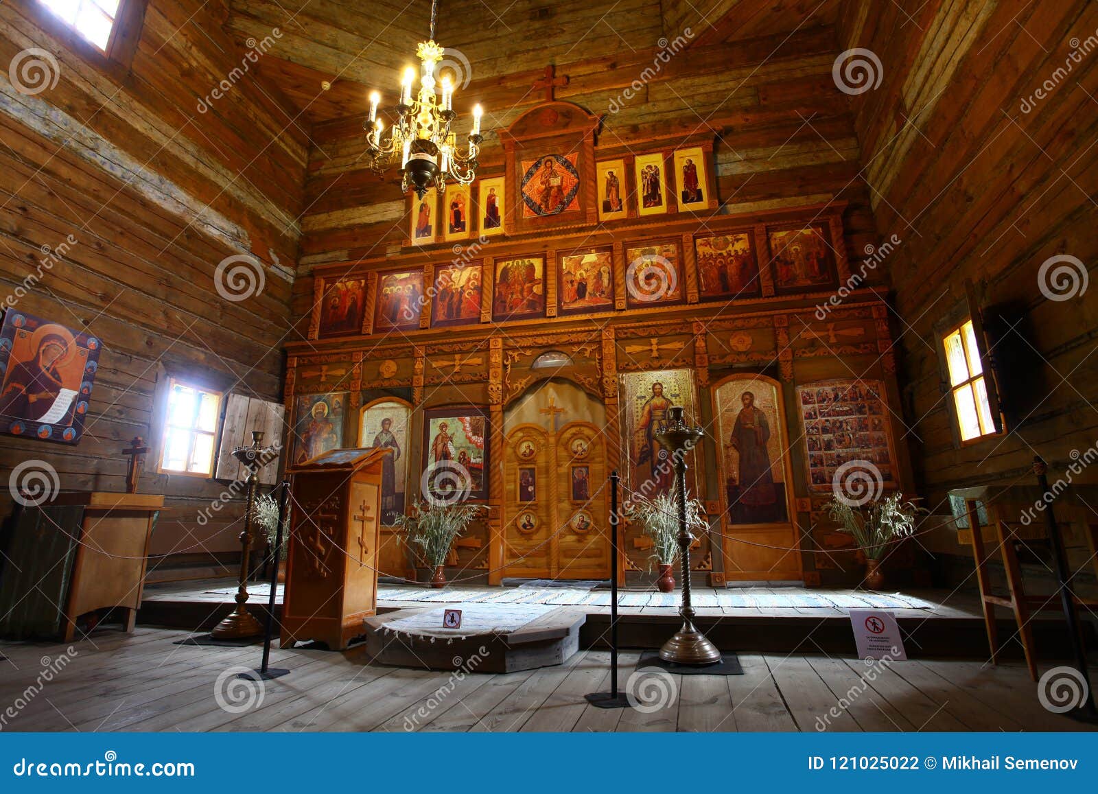 Interior Of An Old Wooden Orthodox Church Stock Photo