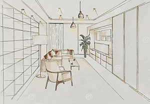 Interior Perspective Sketch Design Of Modern Living Room Drawings And 