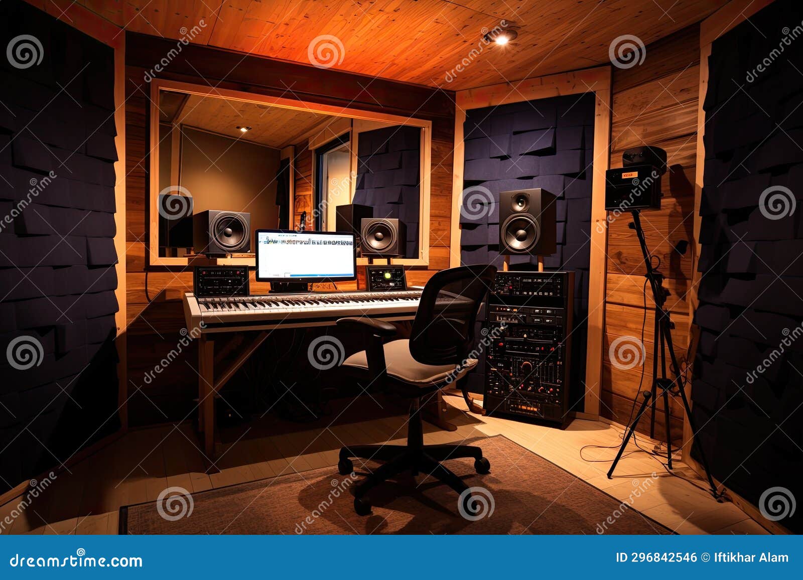 Interior of a Recording Studio with Professional Equipment and Lighting