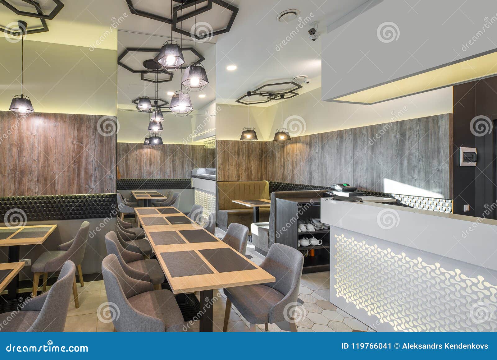 Interior Of Restaurant Wooden Design Modern Style Stock