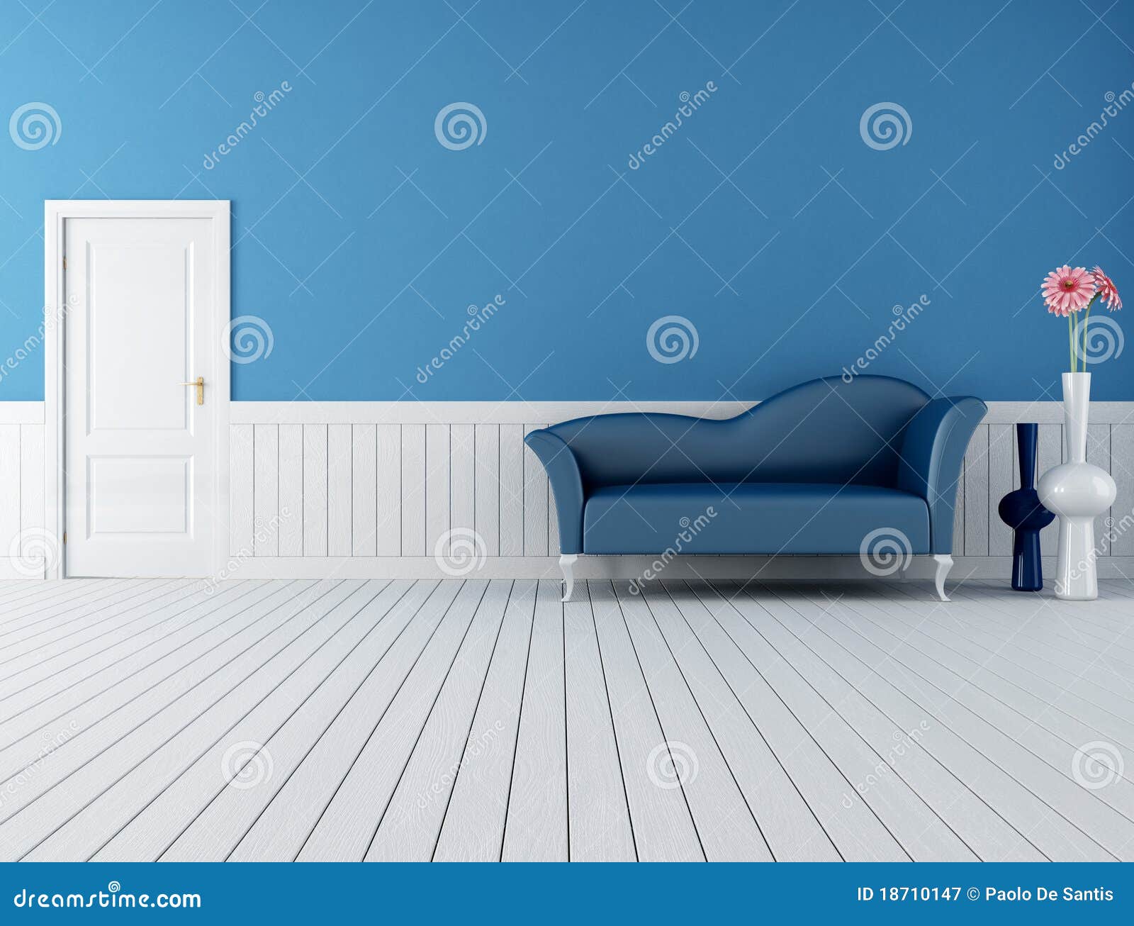 Interior retro azul e branco. Sofá azul moderno em um interior retro com assoalho-rendição de madeira da prancha