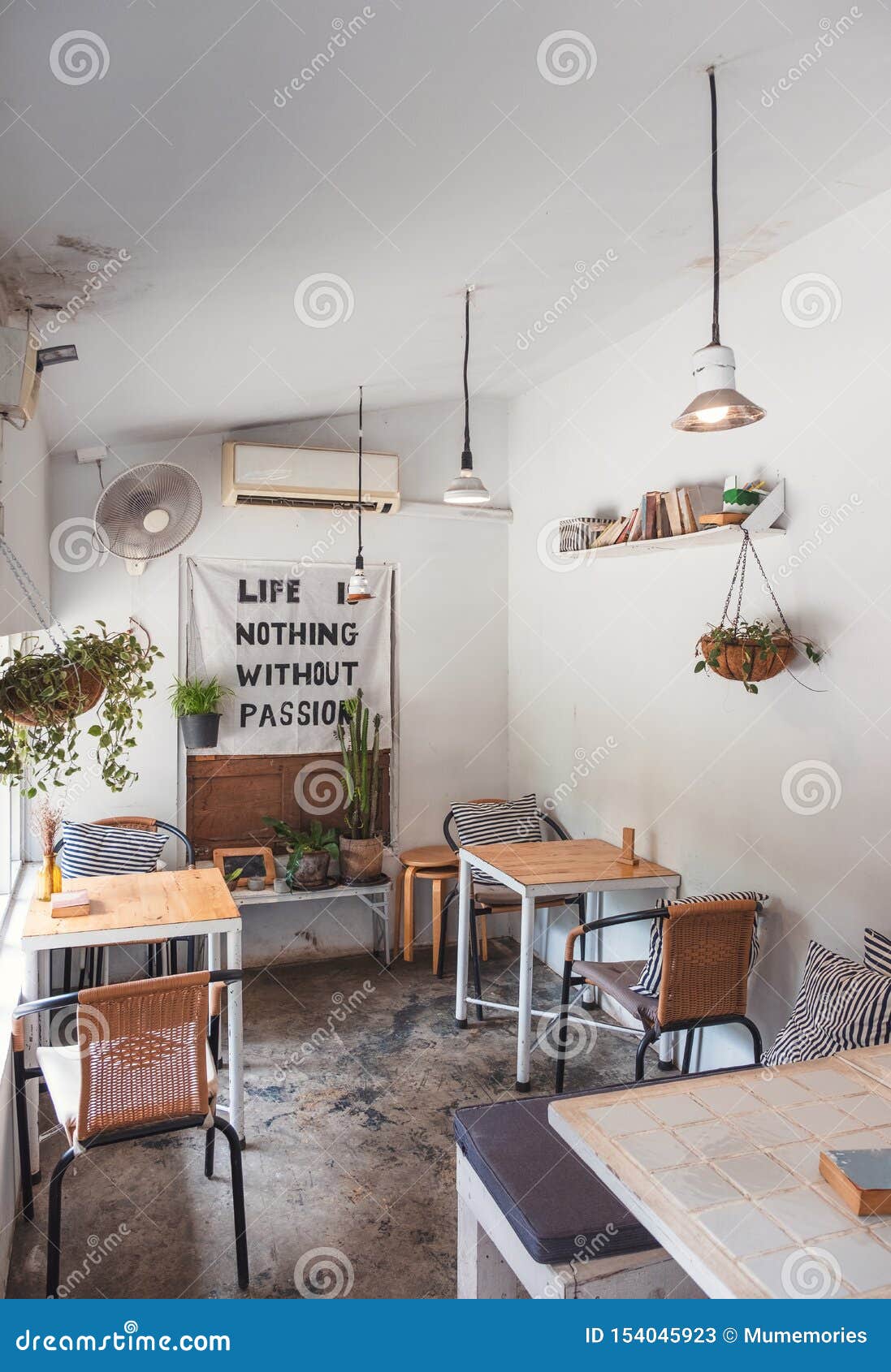 Interior Retro Design Of White Cafe Decoration With Plant Stock Image