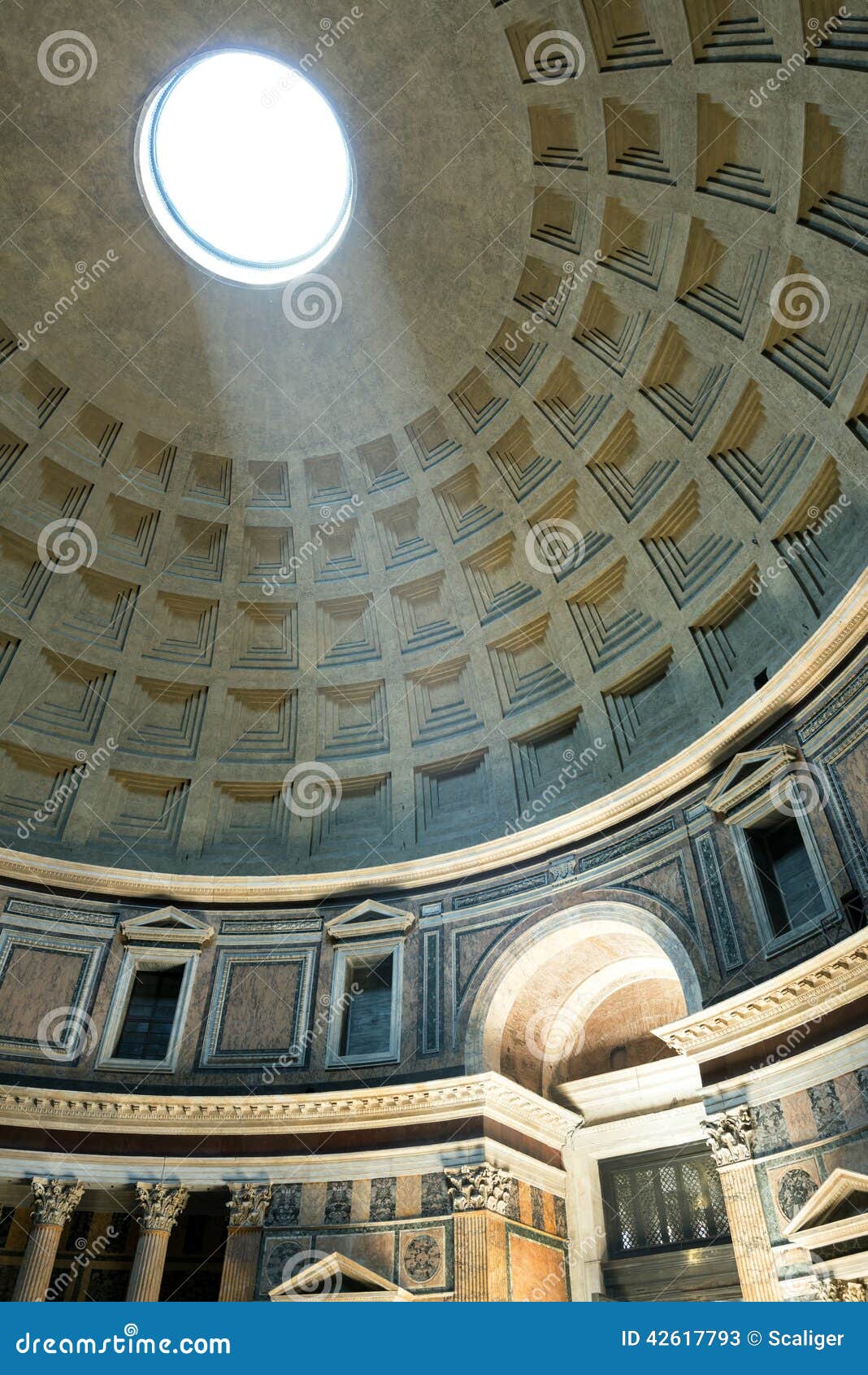 Interior of Rome Pantheon with the famous ray of light from the top, Italy