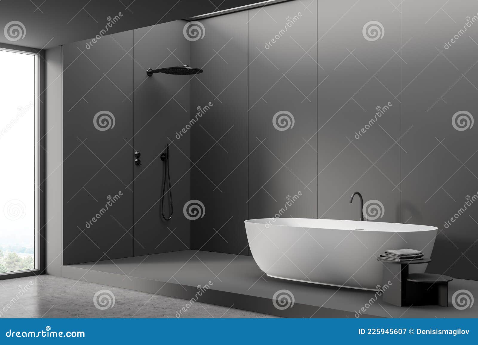 Dark Grey Shower Room with White Bathtub. Corner View Stock ...