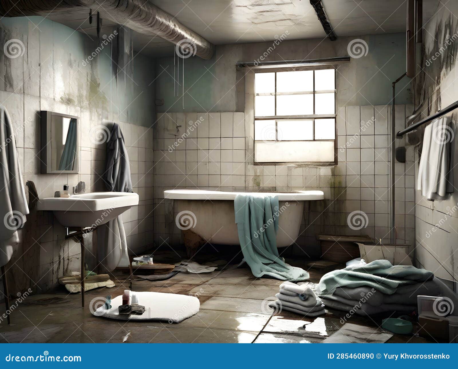 The Interior of a Ruined Bathroom . Generative AI Stock Illustration