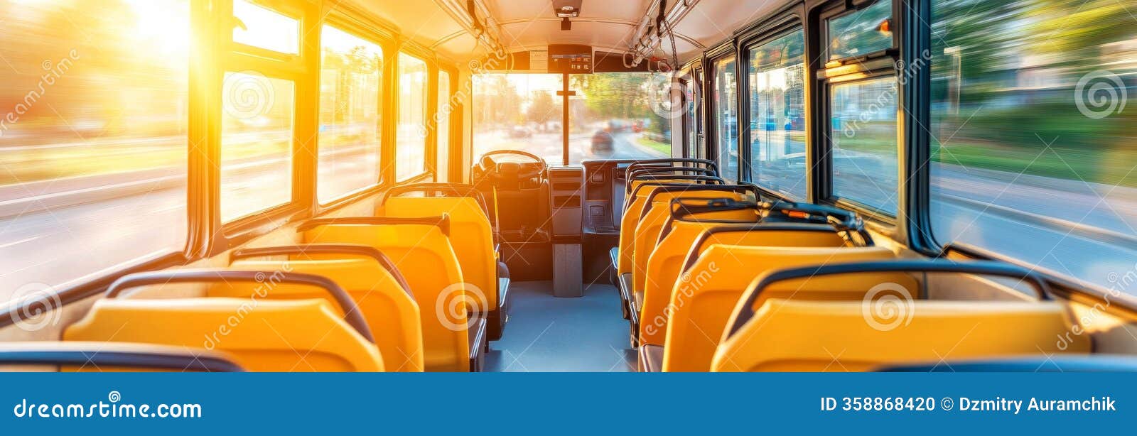 El Interior Del Autobús Escolar Está Bañado Por La Luz Cálida De La Puesta  De Sol Que Resalta Las Hileras De Asientos Amarillos Foto de archivo -  Imagen de verano, escuela: 358868420, image size:1600x614