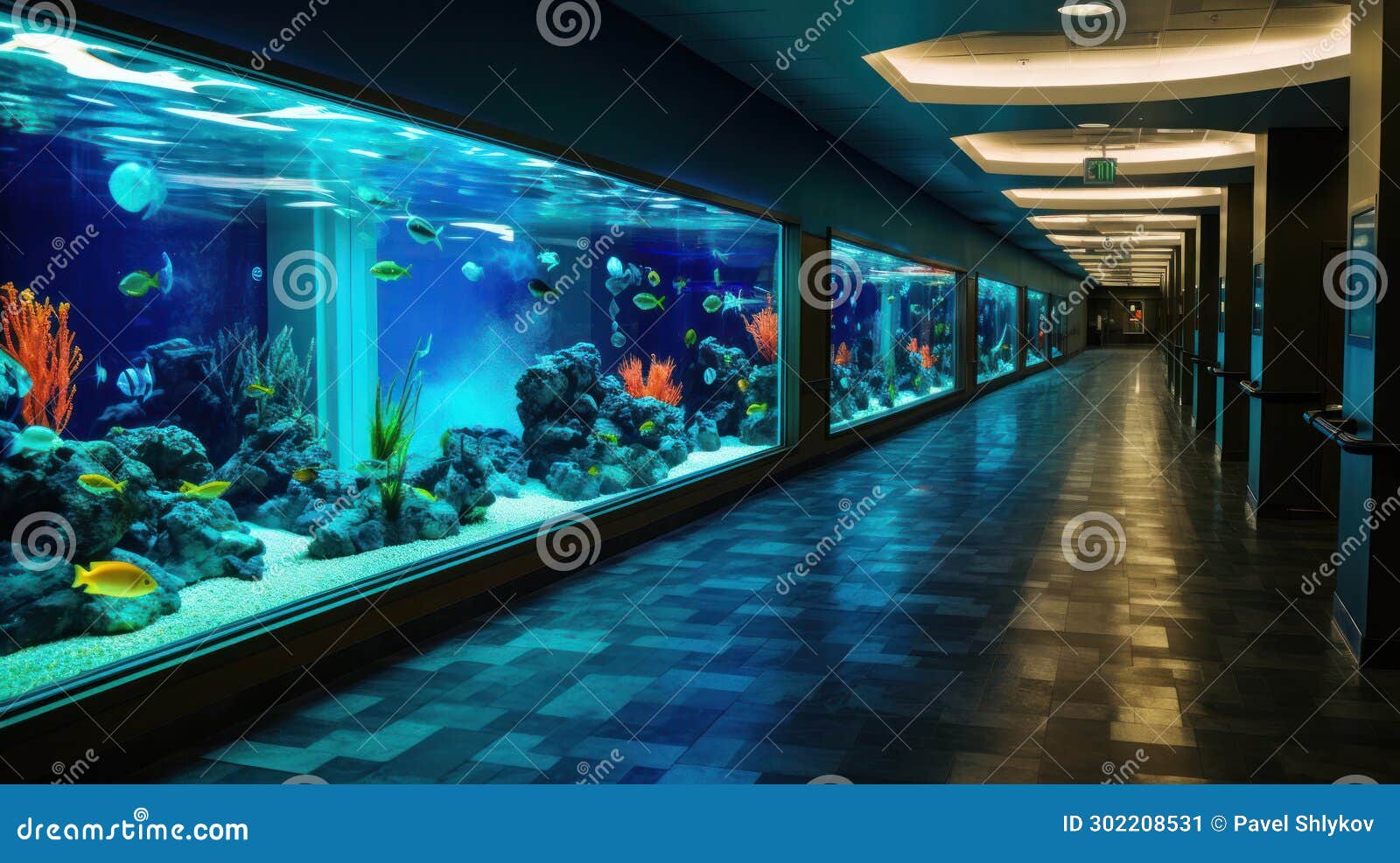 Interior of Sea Life Aquarium. Big Fish Tank Wall Stock Image