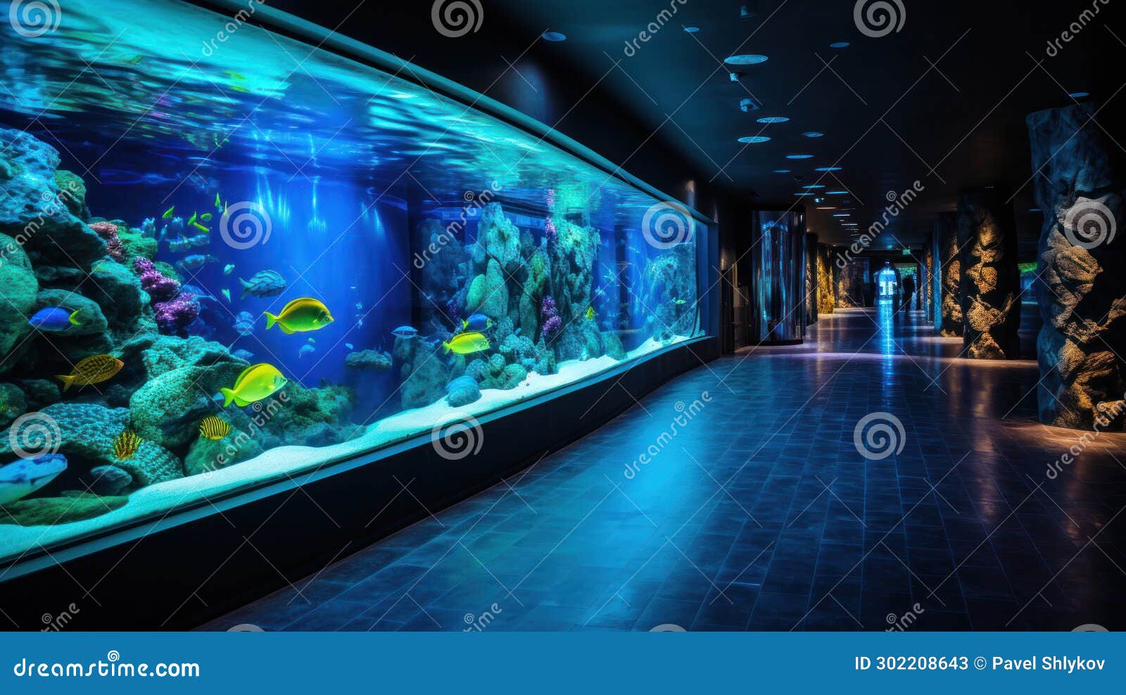 Interior of Sea Life Aquarium. Big Fish Tank Wall Stock Image