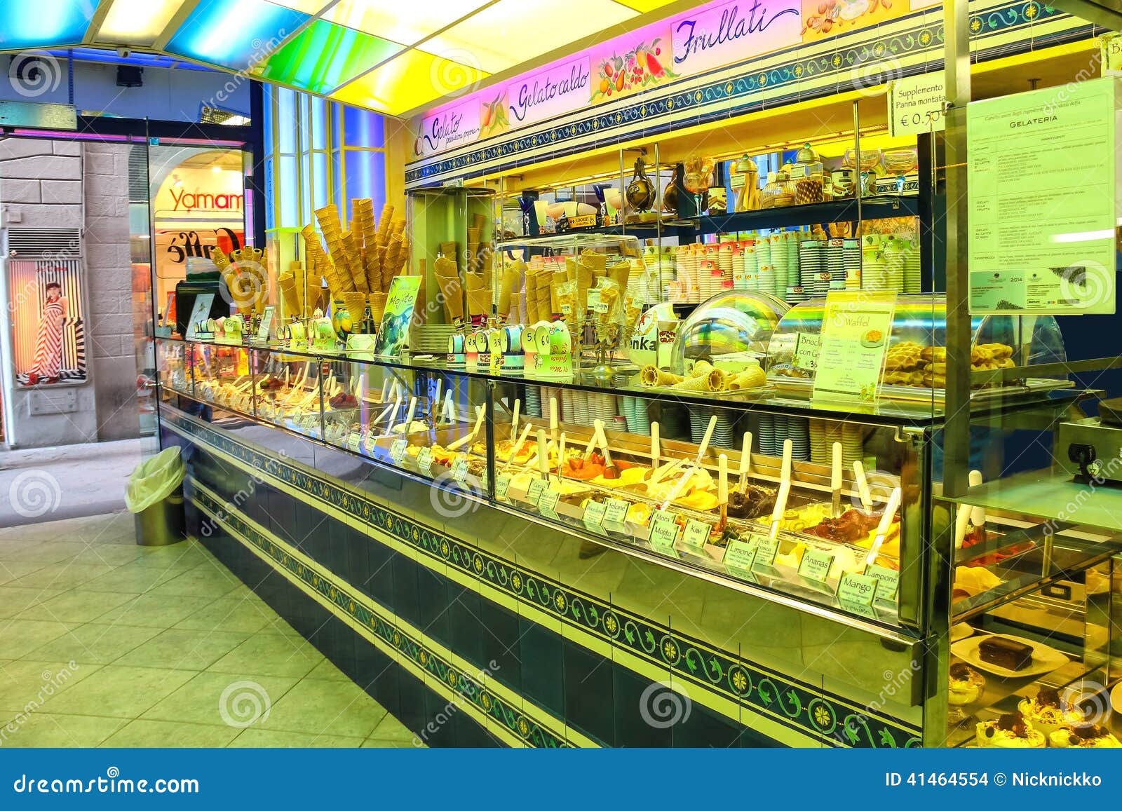 Interior and Showcase Ice Cream Parlor in Florence. Italy Editorial
