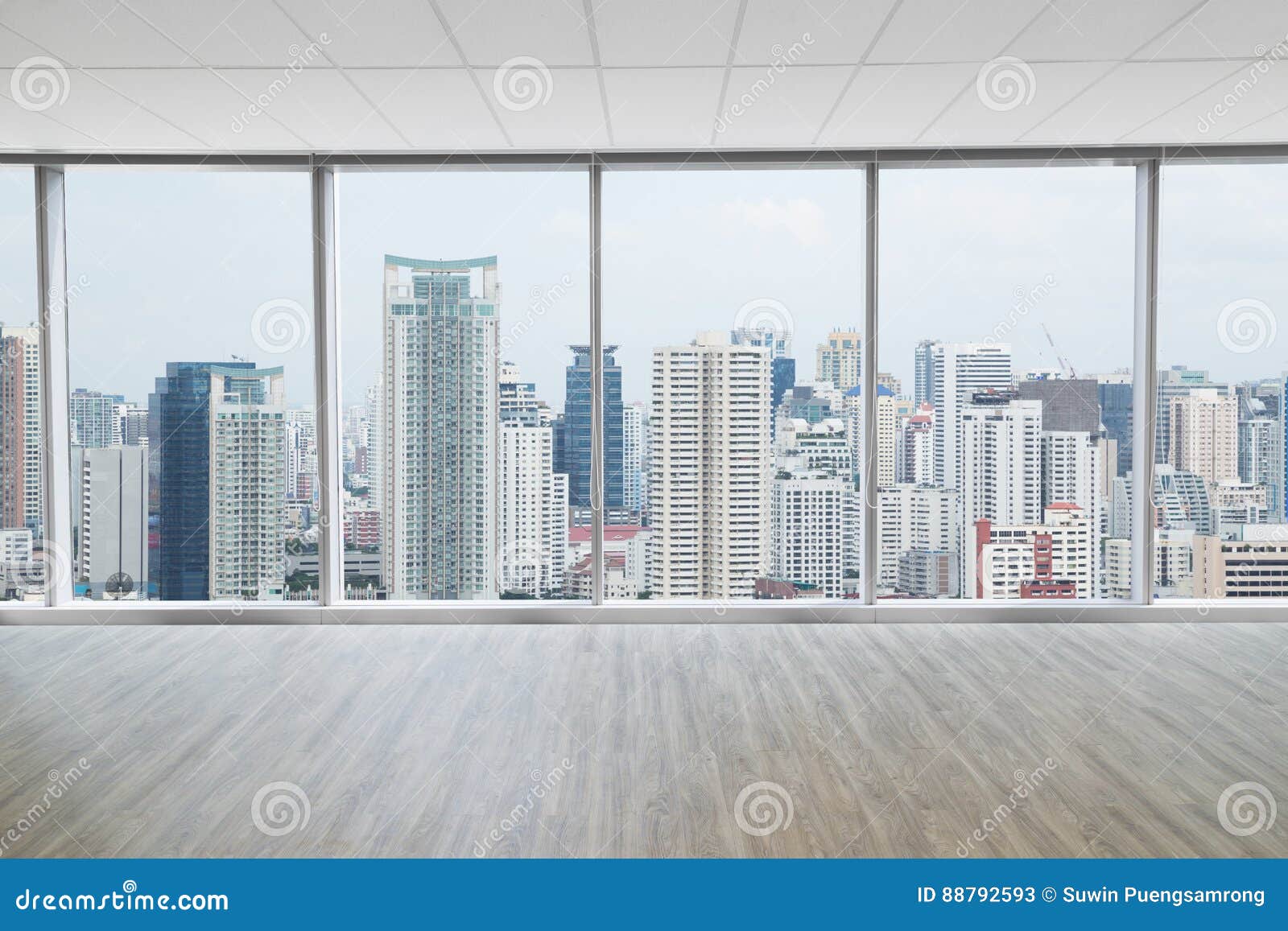 interior space of modern empty office with city view background