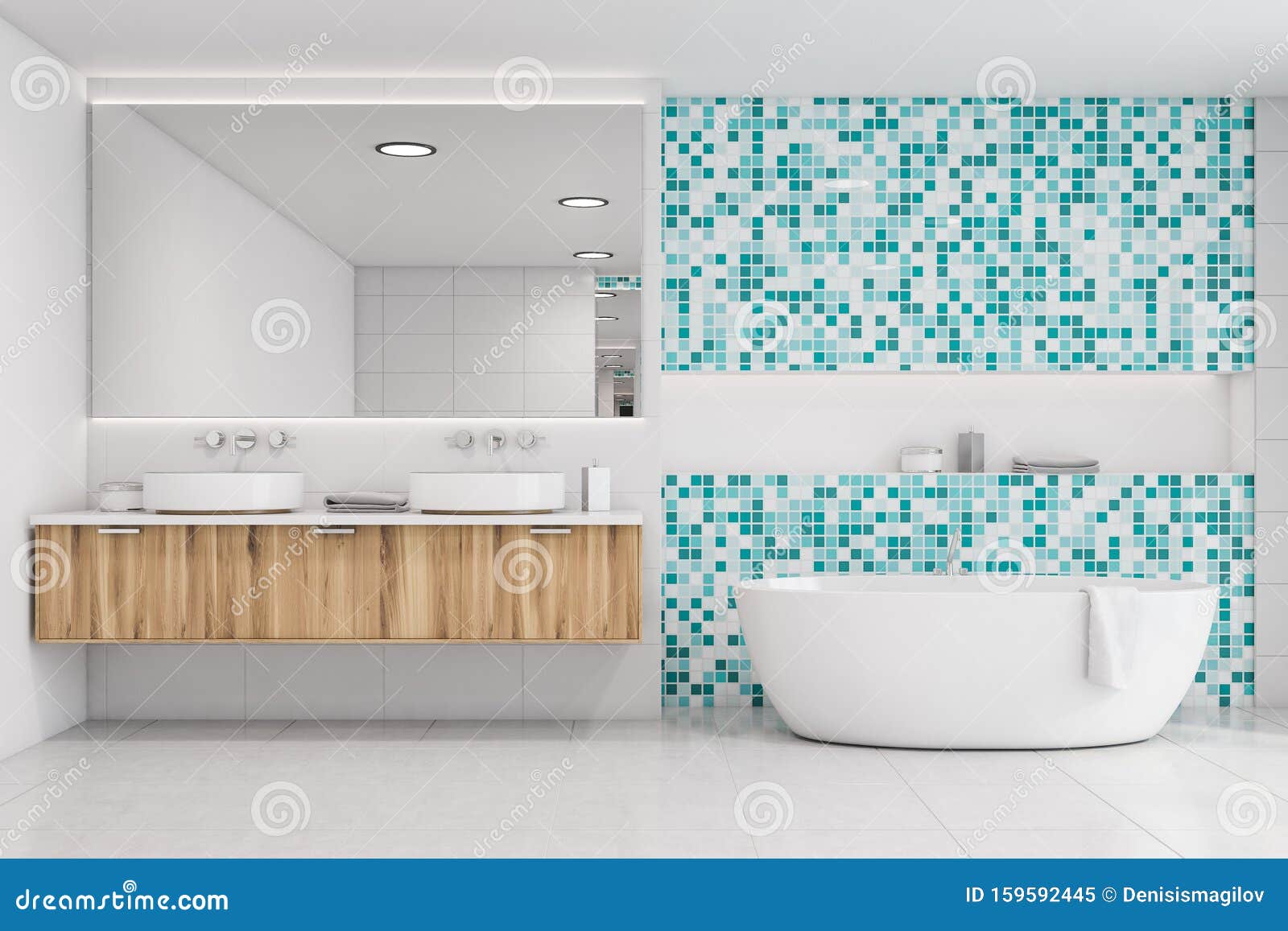 White Tile And Blue Mosaic Bathroom Tub And Sink Stock