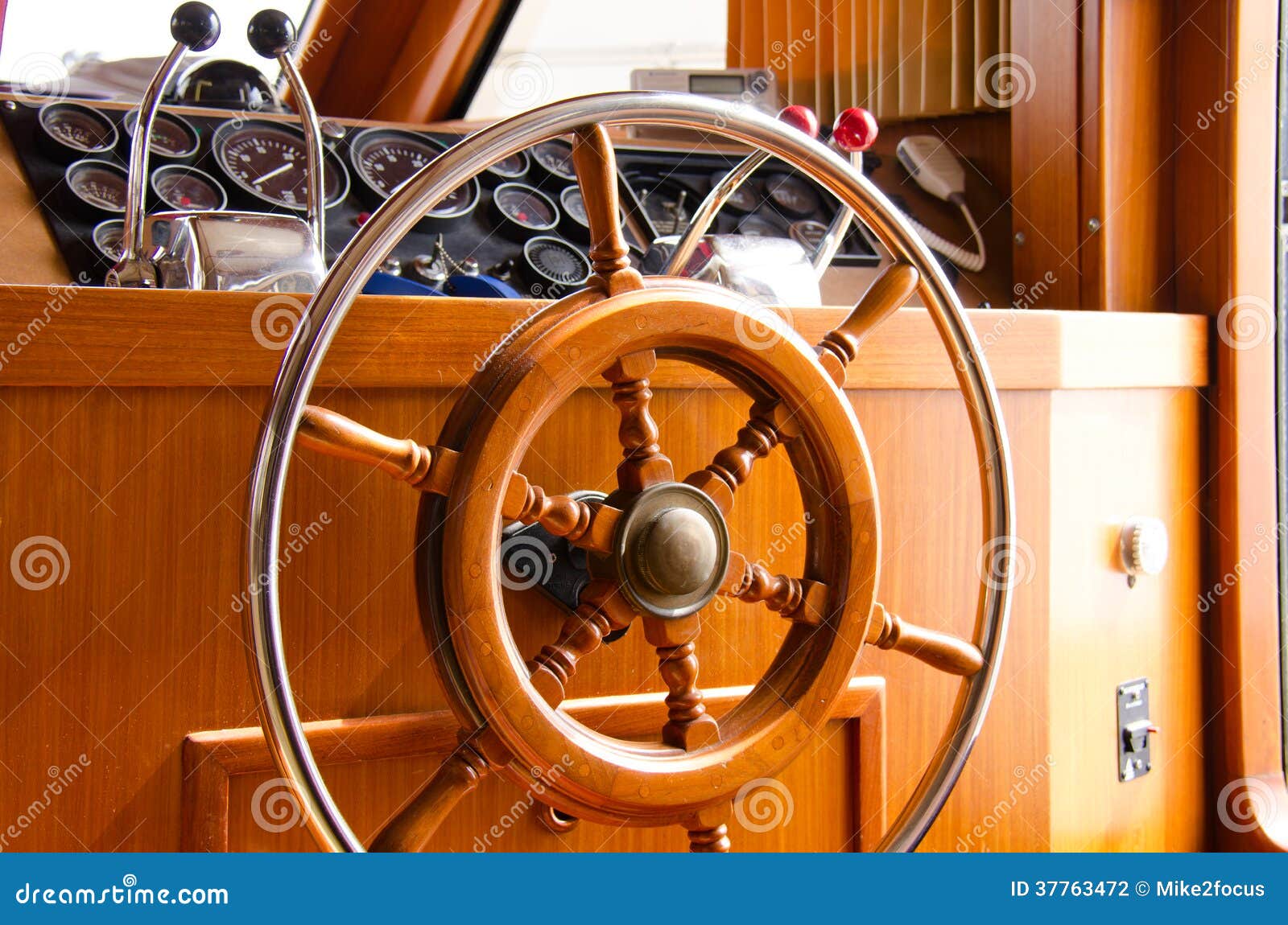 Interior Steering Wheel Of Large Yacht Boat Stock ...